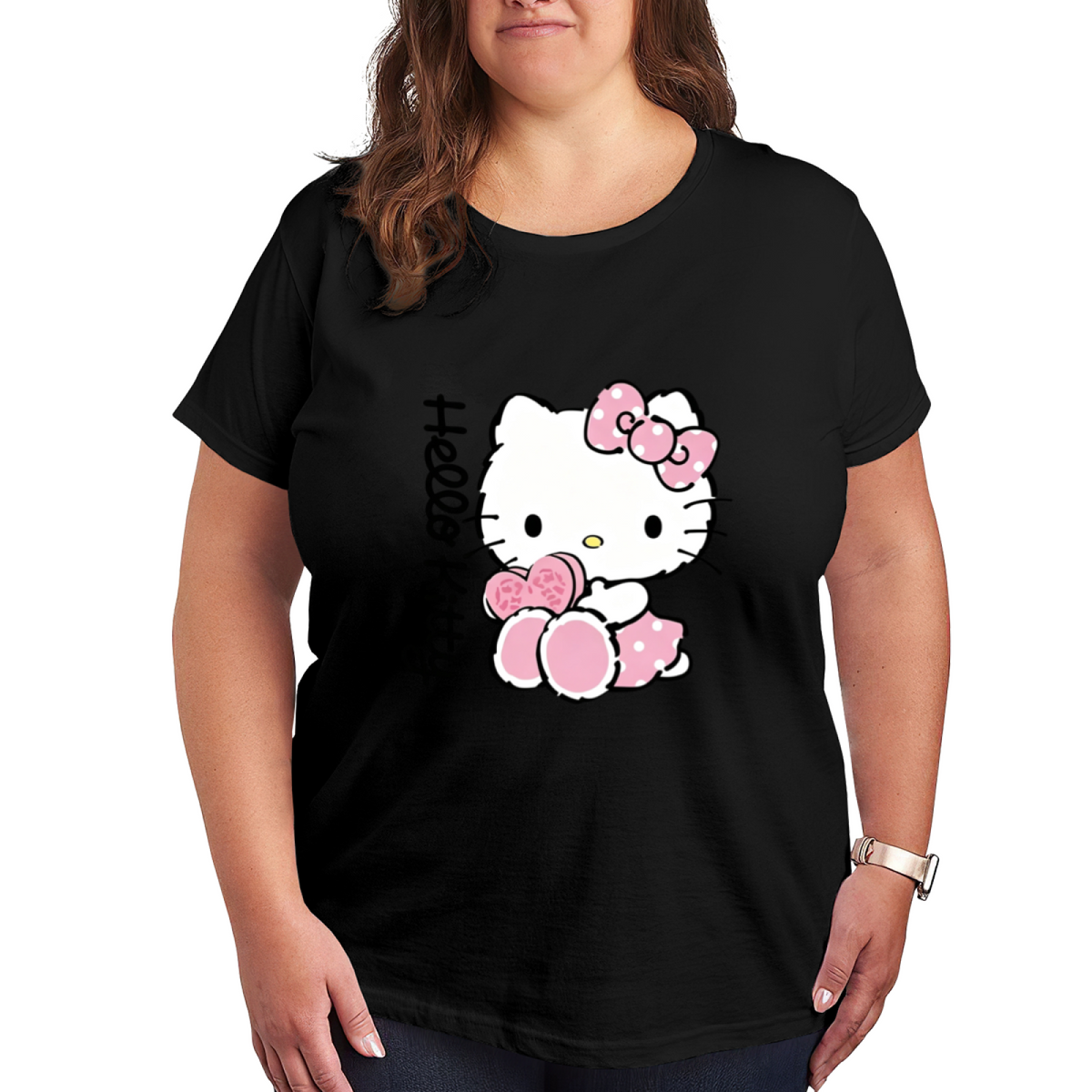 Vintage Cute Hello Kitty Pink Bow Plus?Size Women Daily?Wear Tee