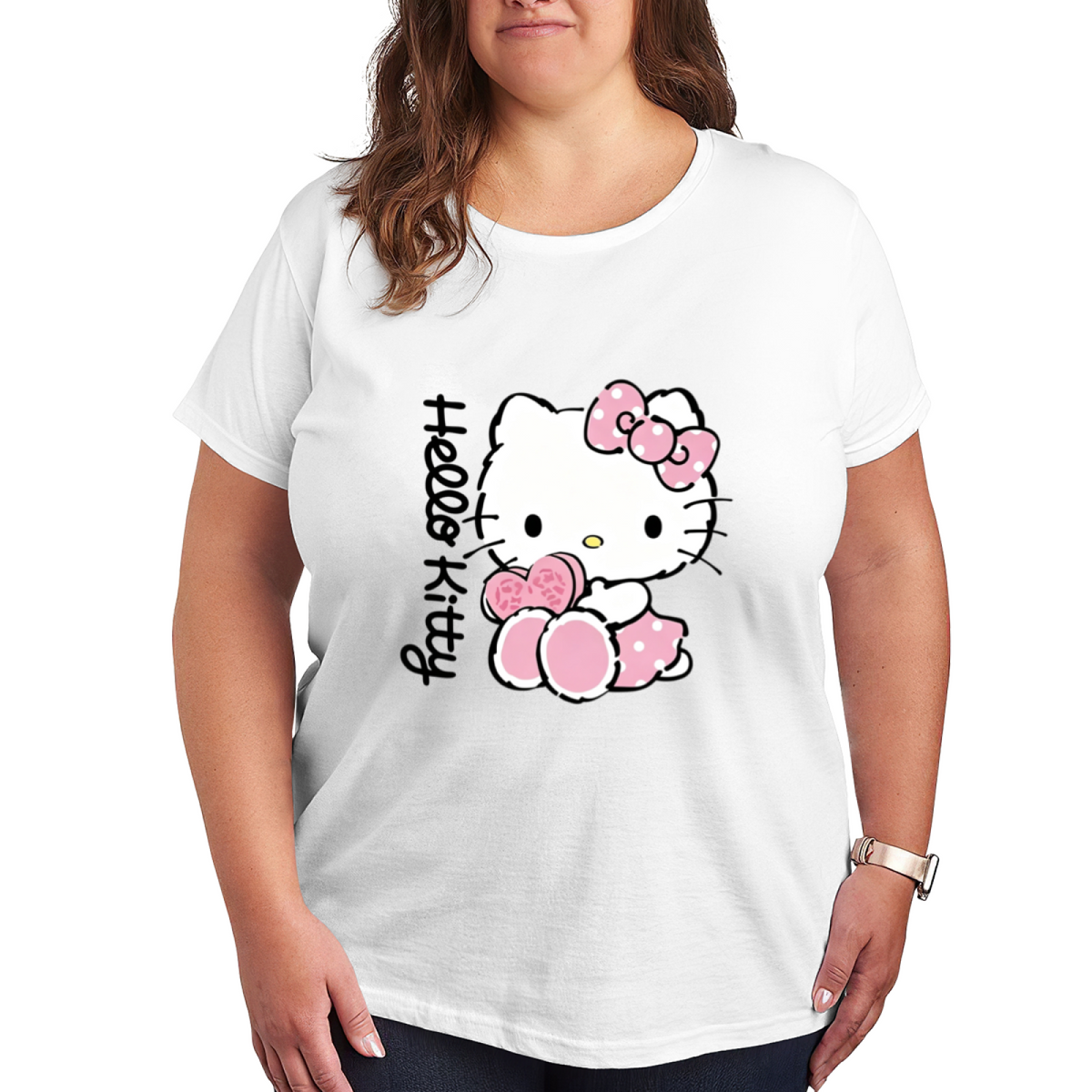Vintage Cute Hello Kitty Pink Bow Plus?Size Women Daily?Wear Tee