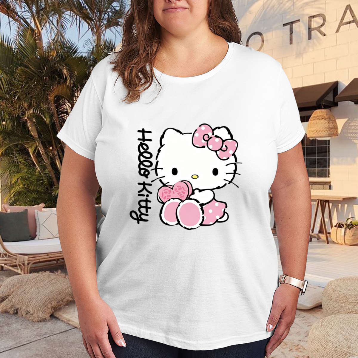 Vintage Cute Hello Kitty Pink Bow Plus?Size Women Daily?Wear Tee
