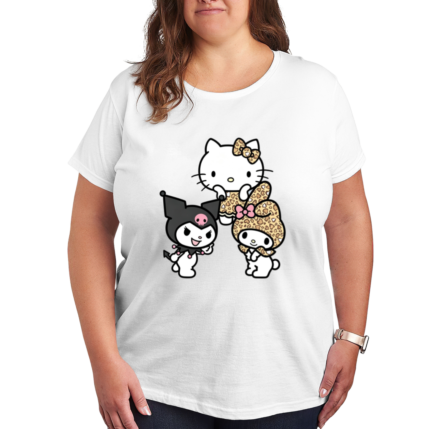 Leopard Print Sanrio Crew Hello Kitty Kuromi My Melody Plus?Size Tee