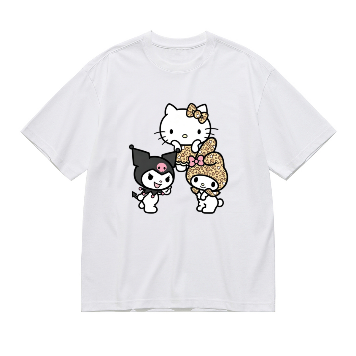 Leopard Print Sanrio Crew Hello Kitty Kuromi My Melody Plus?Size Tee