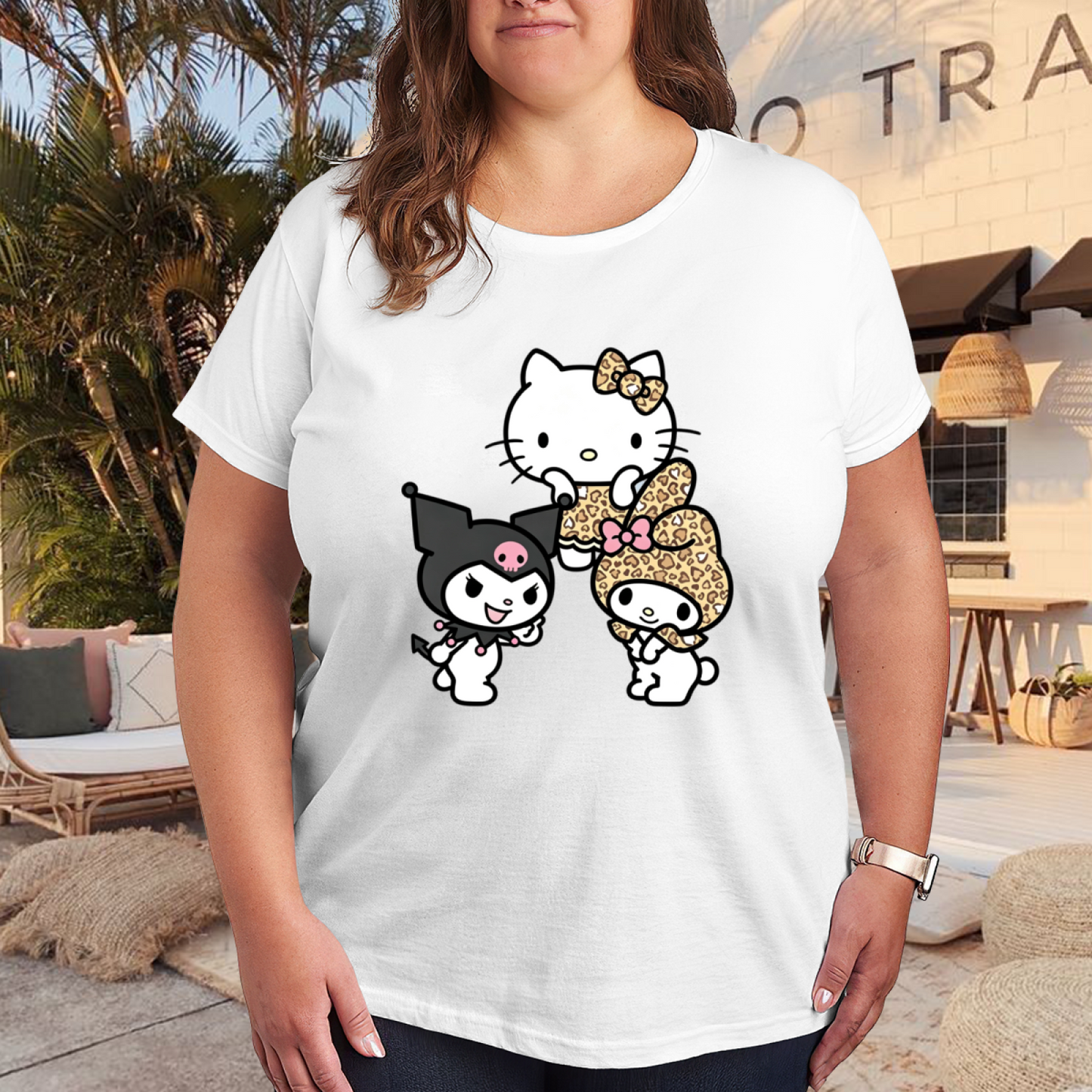 Leopard Print Sanrio Crew Hello Kitty Kuromi My Melody Plus?Size Tee