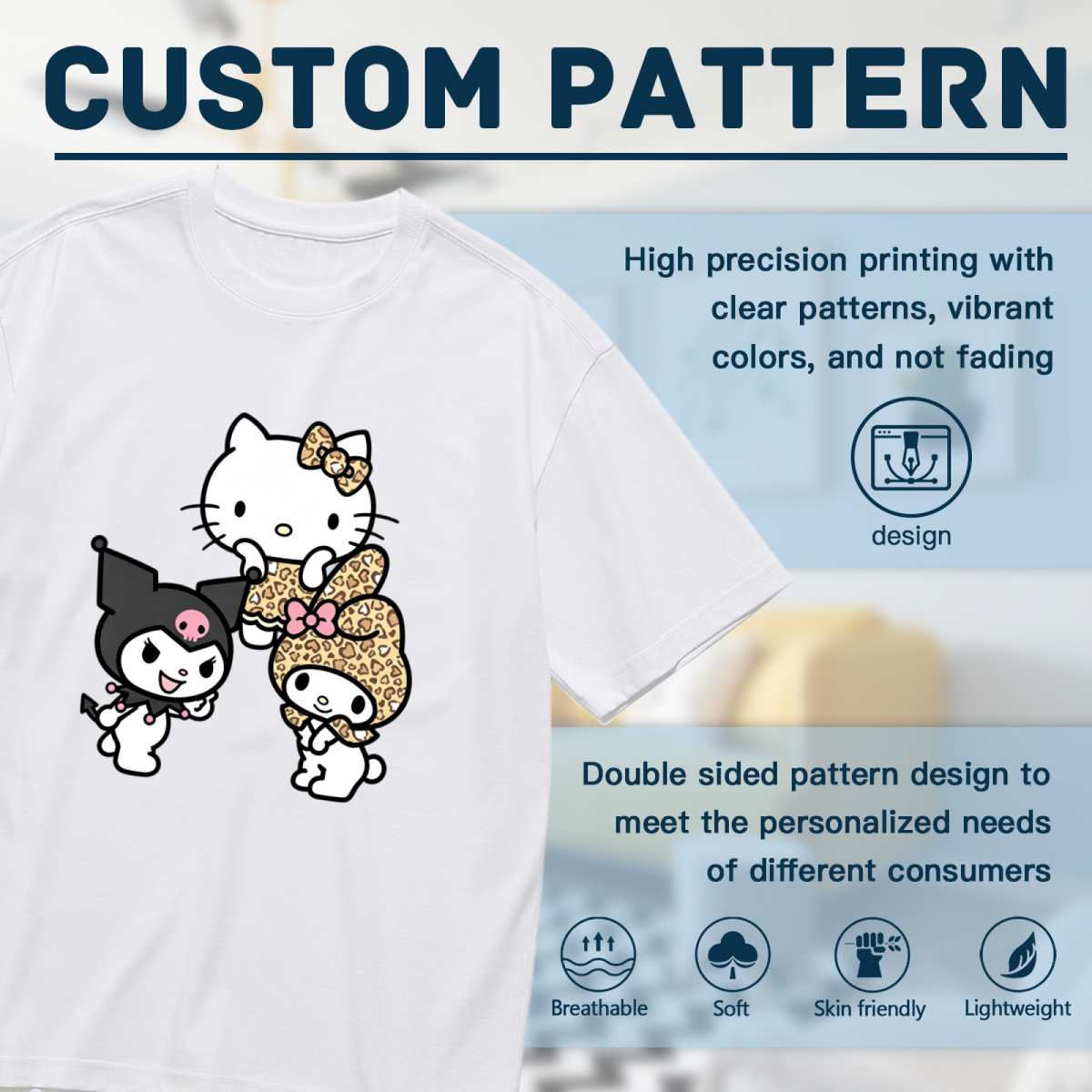 Leopard Print Sanrio Crew Hello Kitty Kuromi My Melody Plus?Size Tee