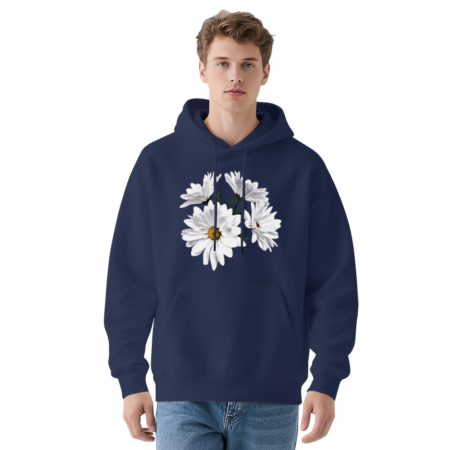 Fresh White Daisy Floral Red Hoodie, Unisex Soft Romantic Casual Sweatshirt