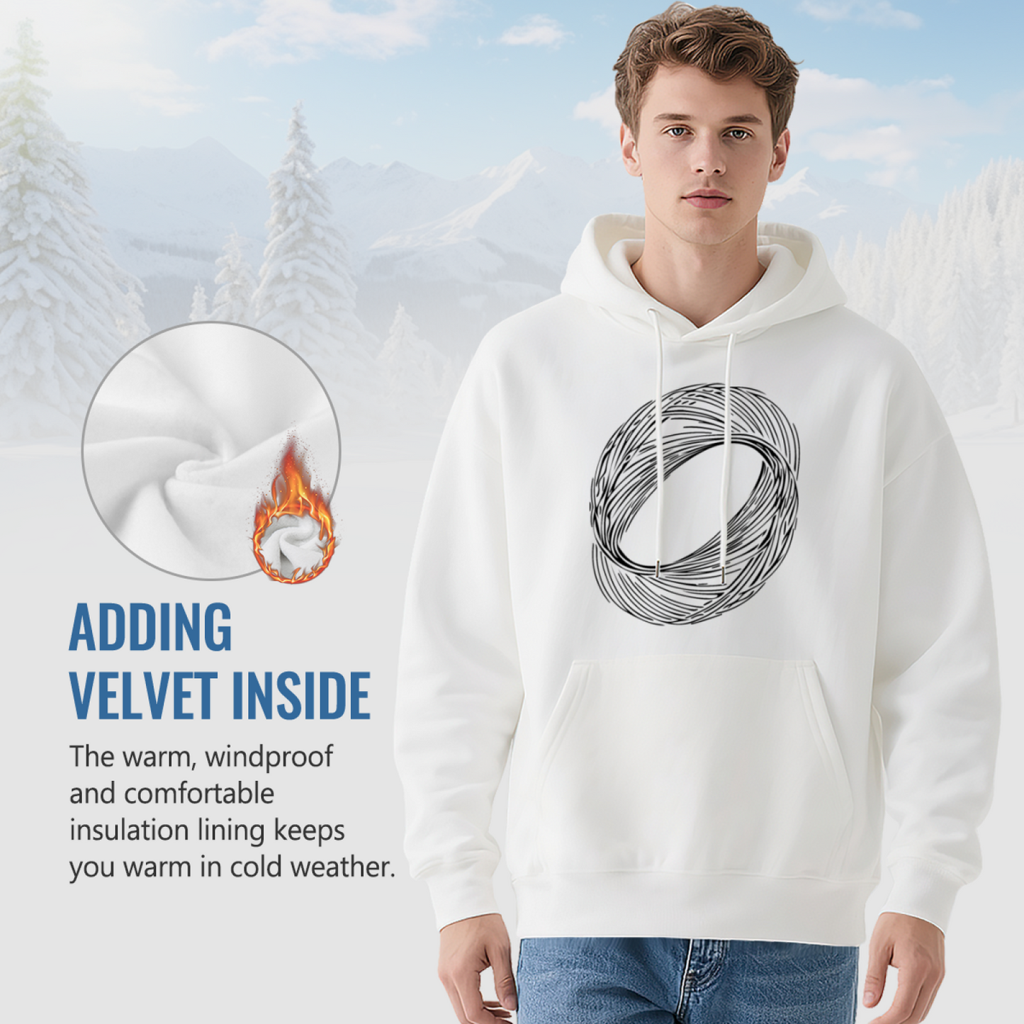 Minimalist Abstract Line Oval White Hoodie, Simple Comfort Minimalist Daily Hoodie