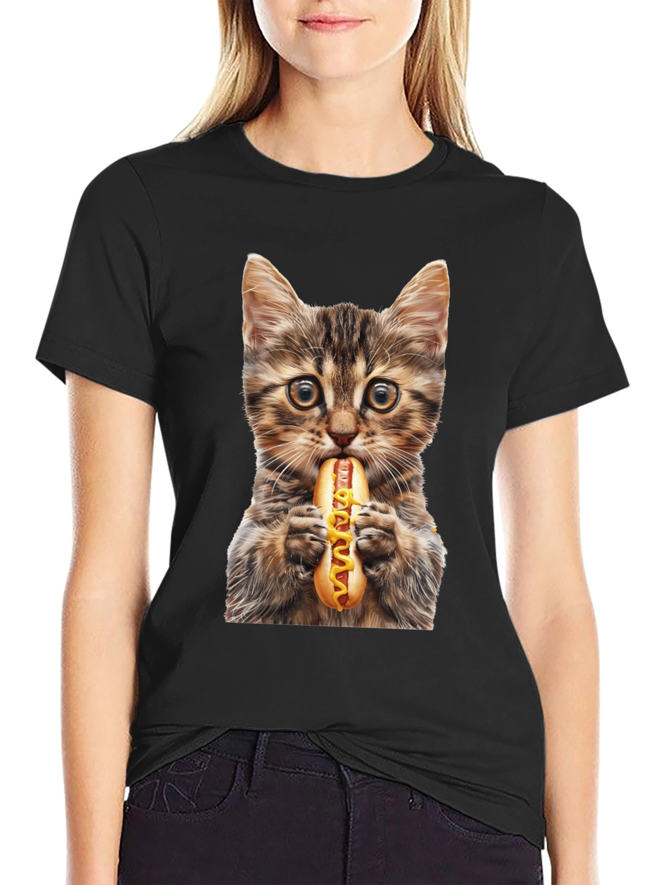 Cat Eating Hotdog Graphic T-Shirt