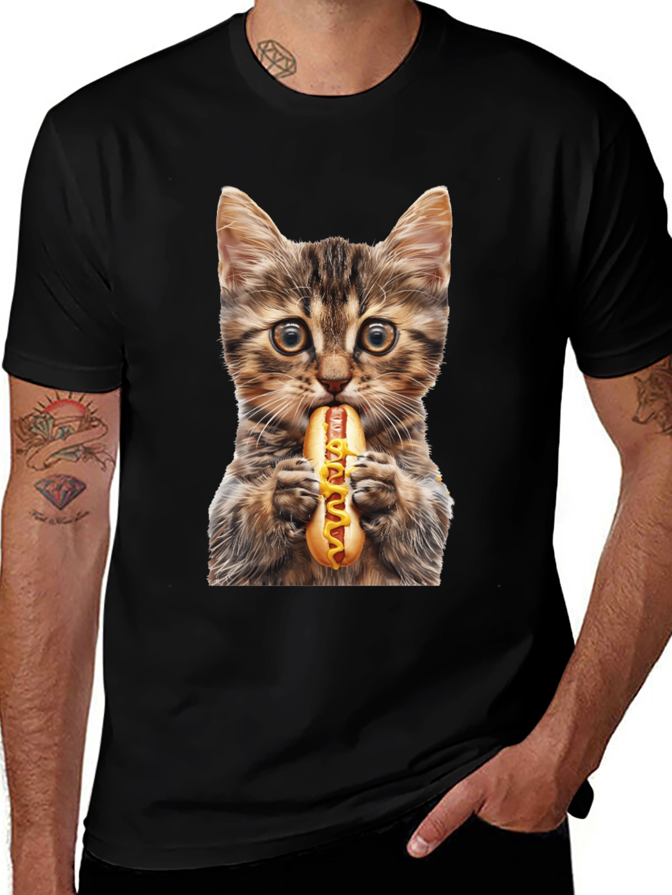 Cat Eating Hotdog Graphic T-Shirt
