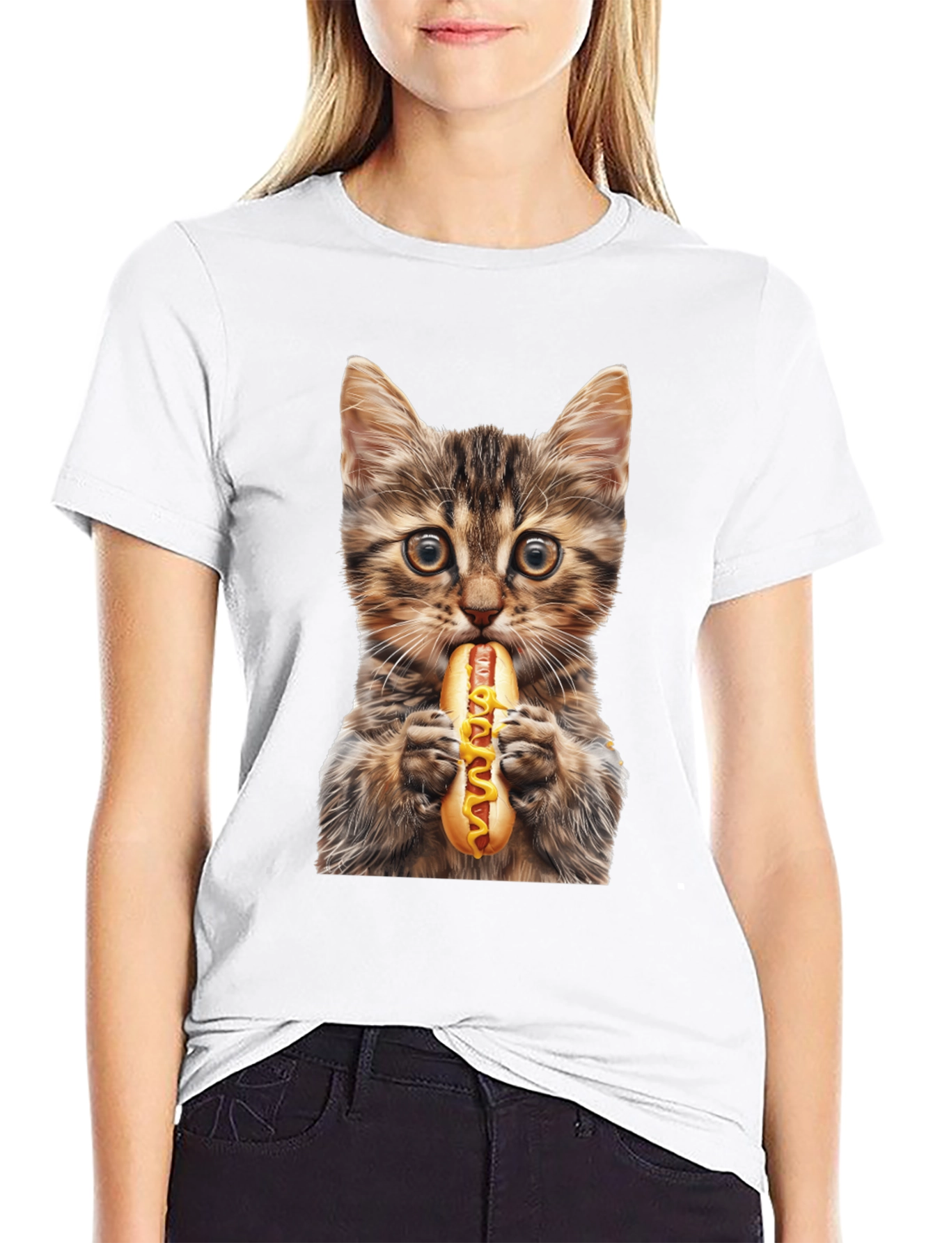 Cat Eating Hotdog Graphic T-Shirt