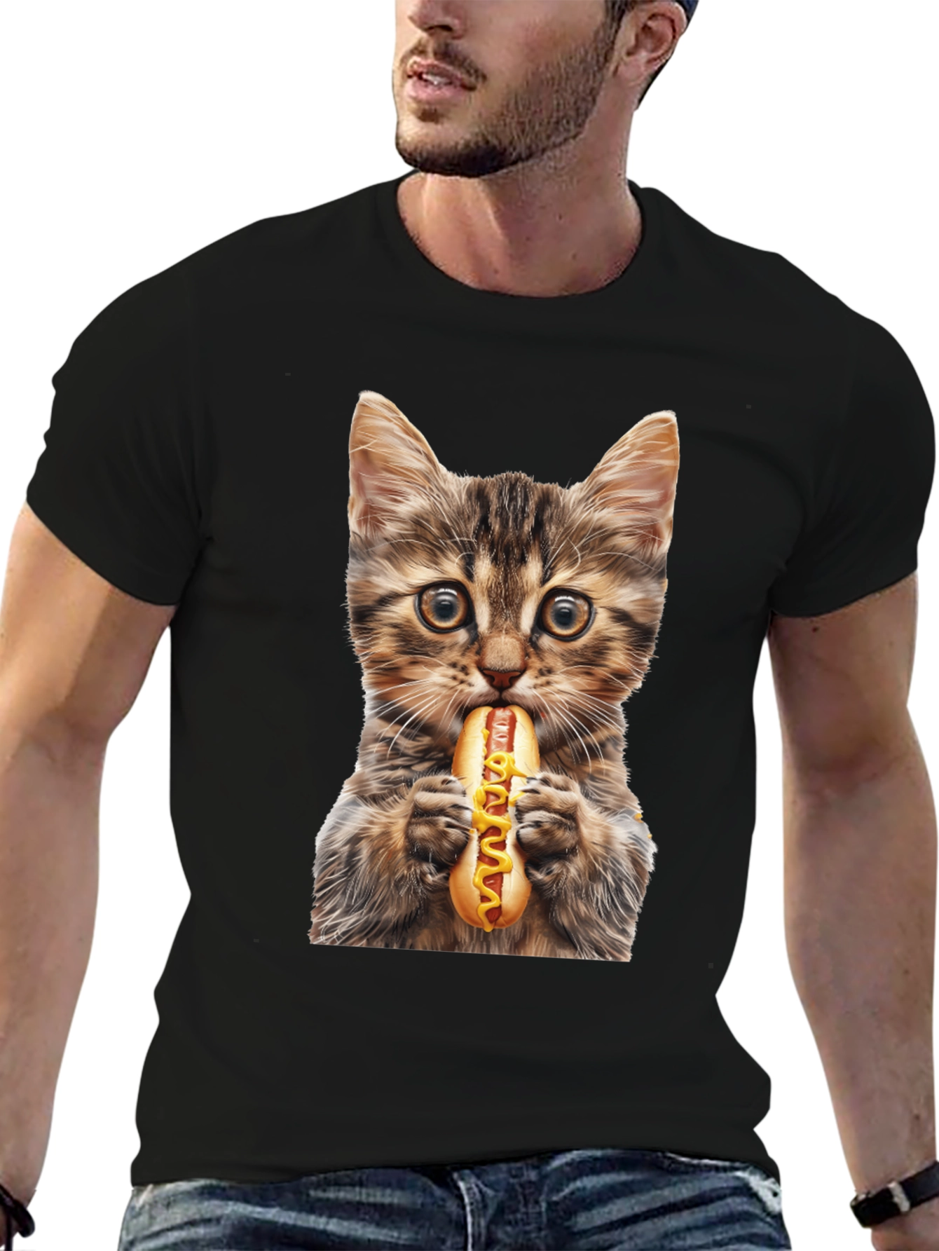 Cat Eating Hotdog Graphic T-Shirt