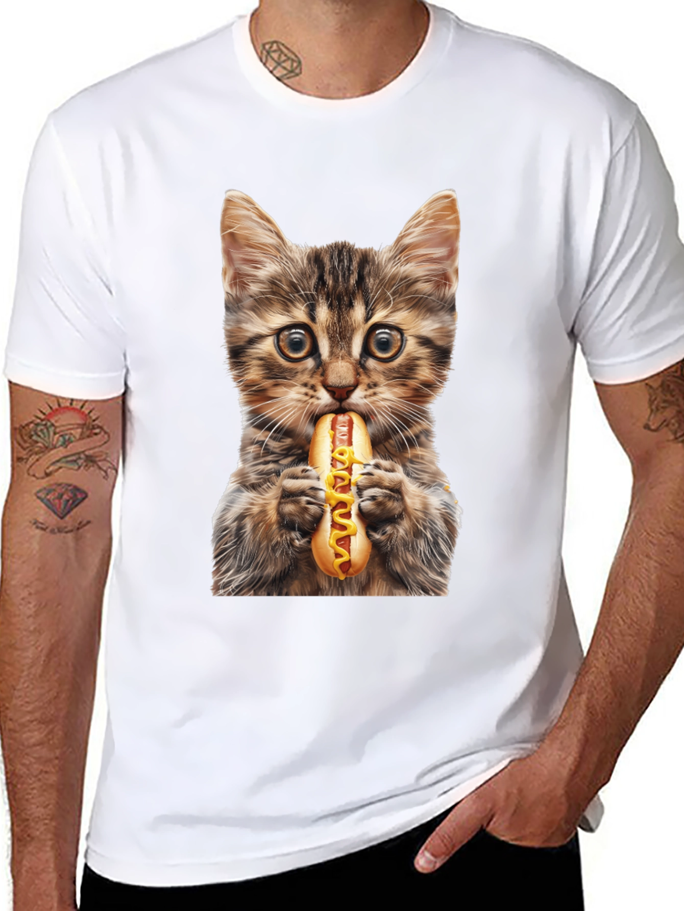 Cat Eating Hotdog Graphic T-Shirt