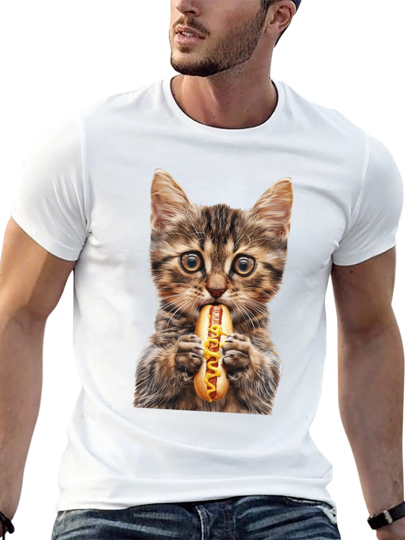 Cat Eating Hotdog Graphic T-Shirt