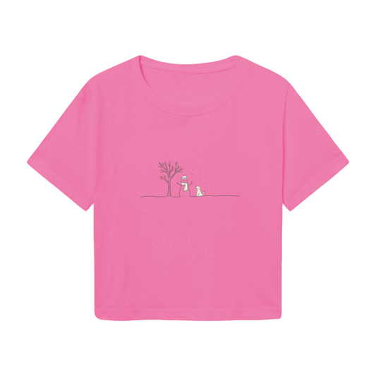 Minimal Winter Snowman Scene Cute Pink Women Crop Top