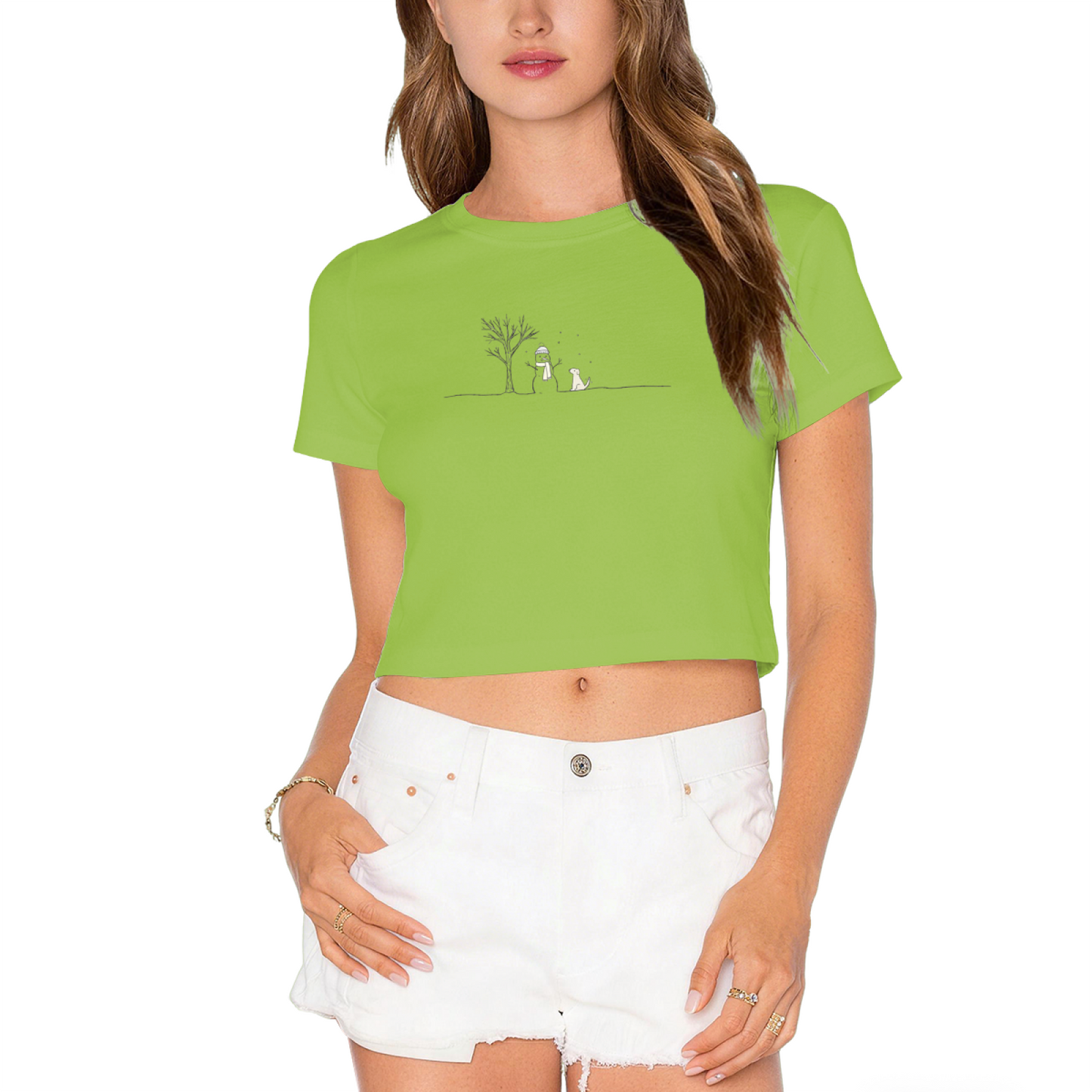 Minimal Winter Snowman Scene Cute Pink Women Crop Top