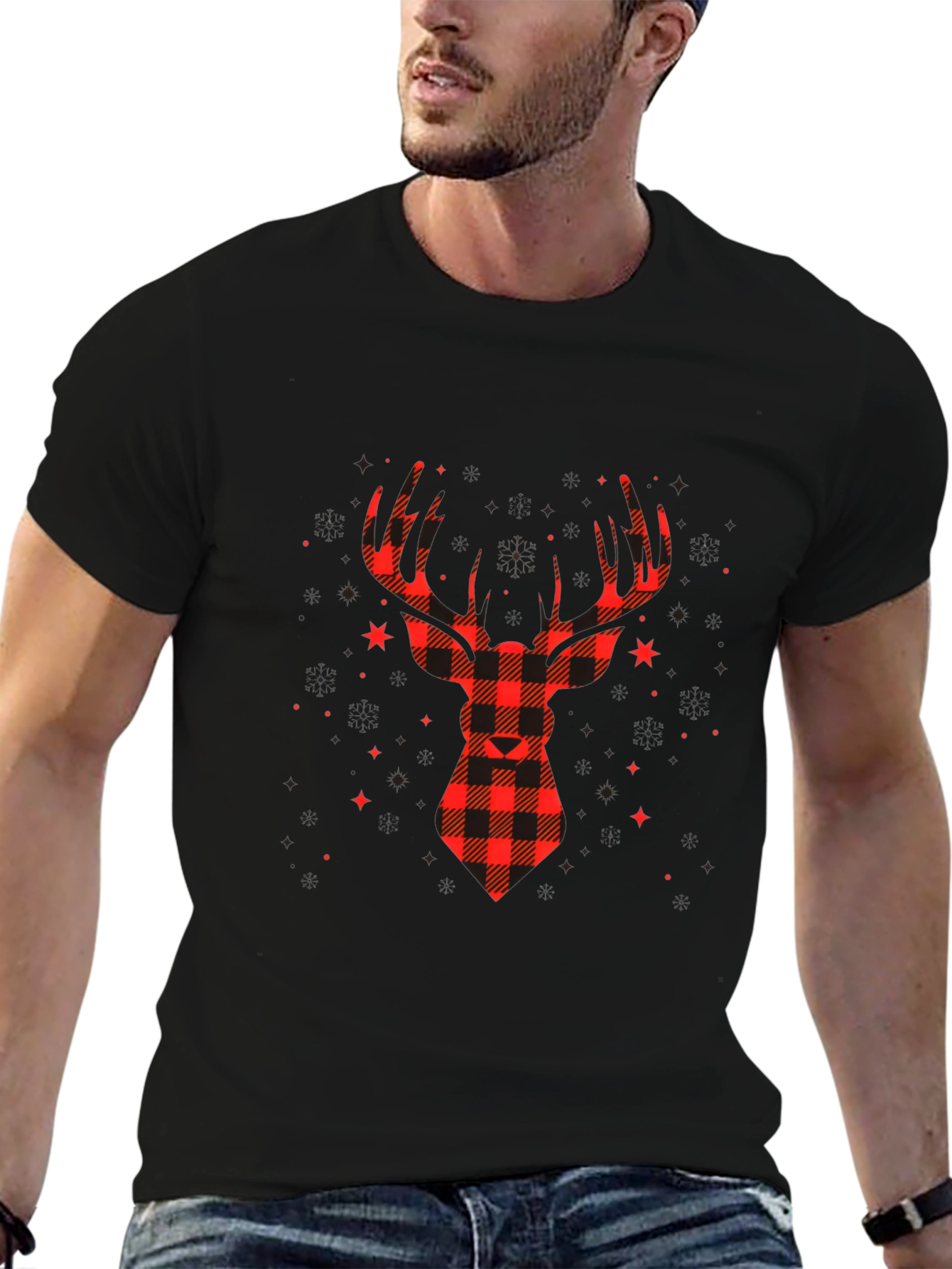 Plaid Reindeer Graphic Tee - Classic Holiday Style