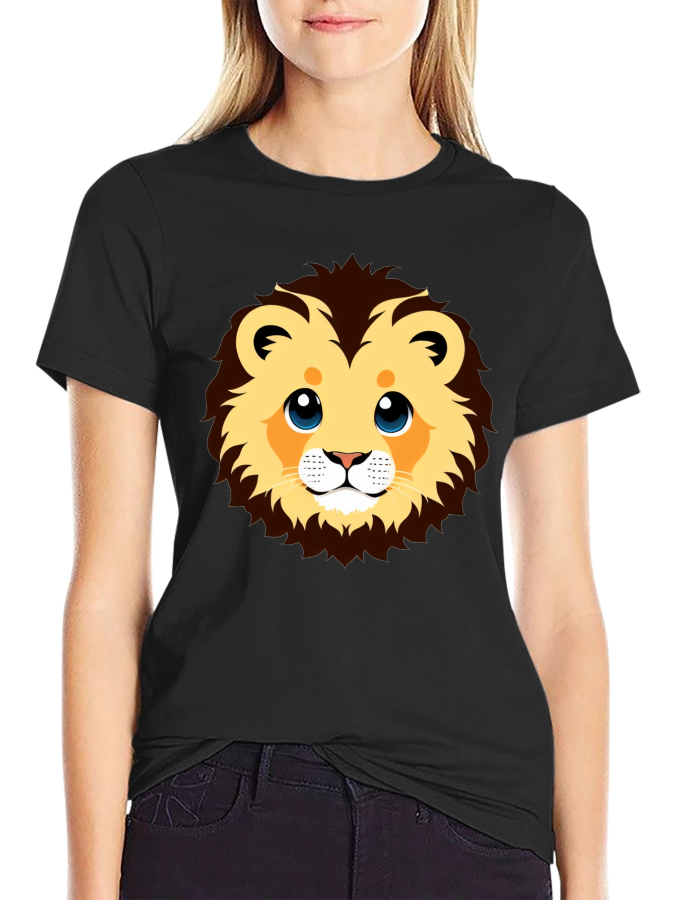 Cute Lion Graphic Black T-Shirt