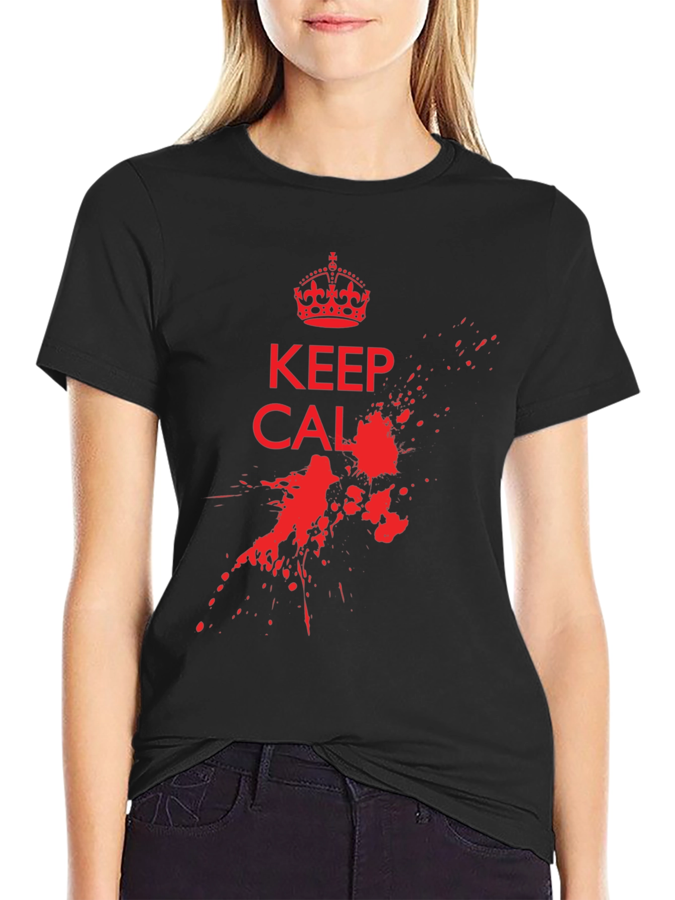 Keep Calm Black T-Shirt with Red Graphic Print