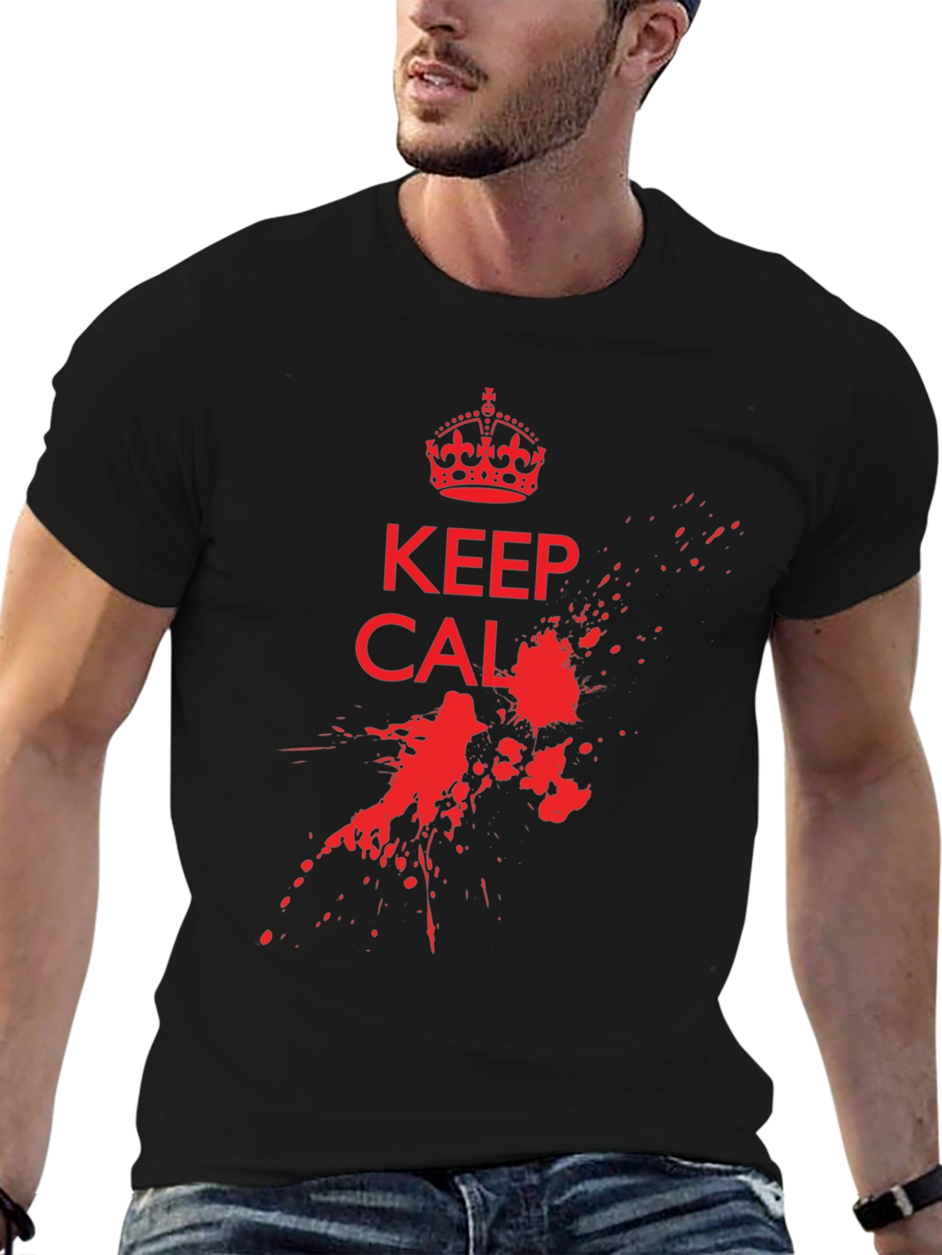 Keep Calm Black T-Shirt with Red Graphic Print