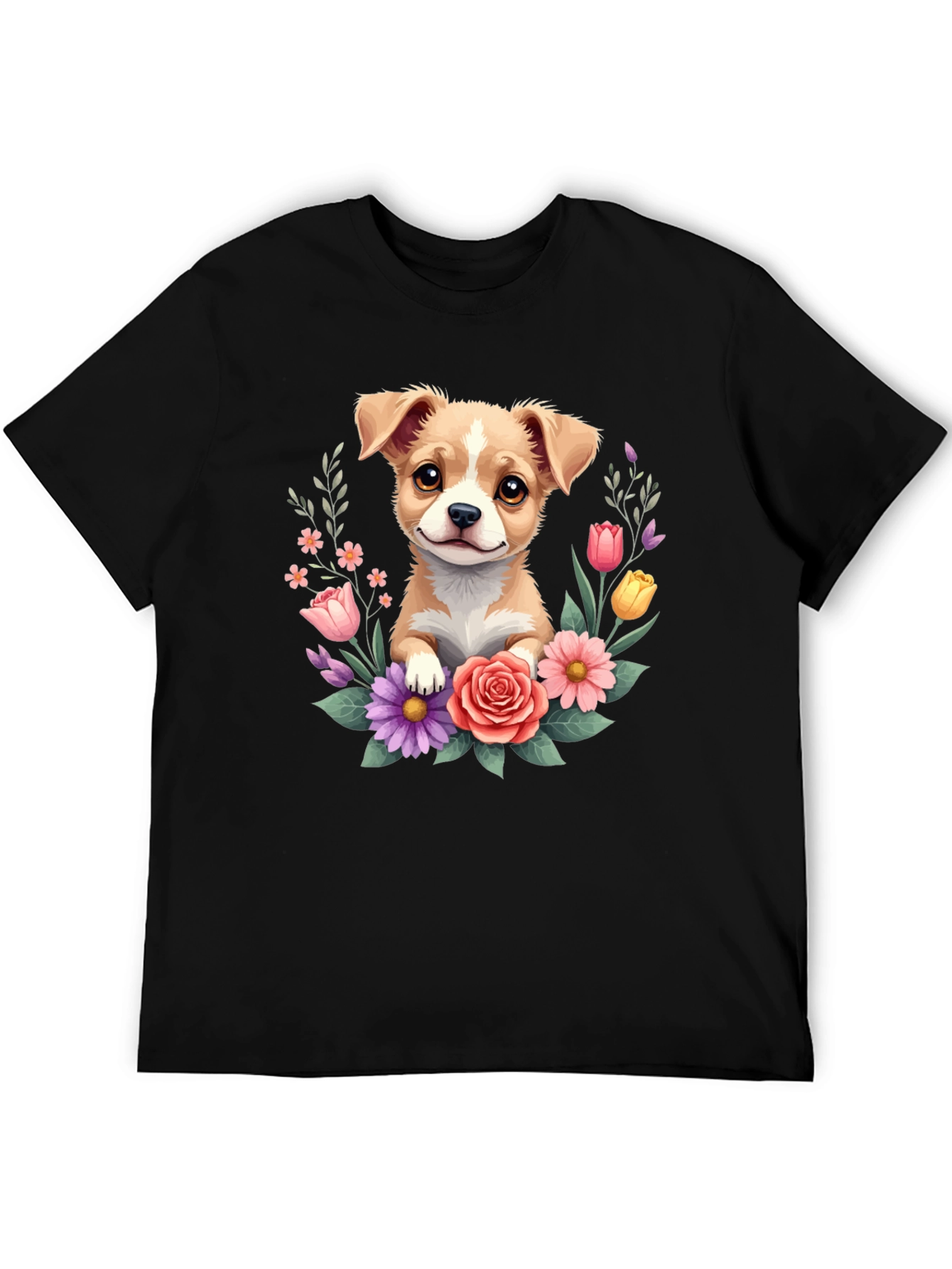 Cute Puppy & Floral Black T-Shirt