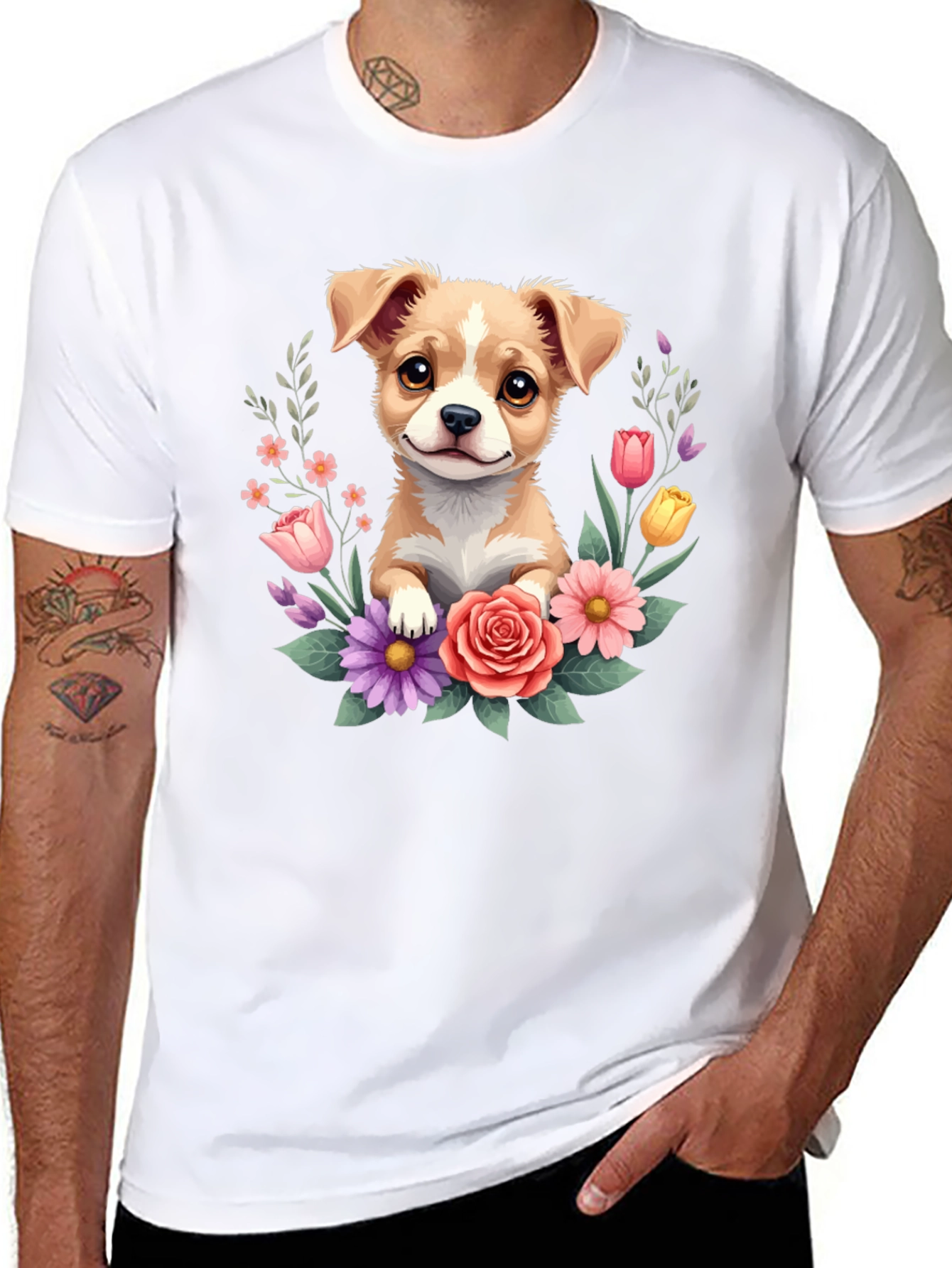 Cute Puppy & Floral Black T-Shirt