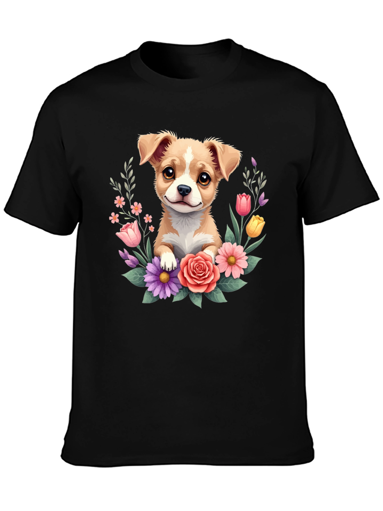 Cute Puppy & Floral Black T-Shirt