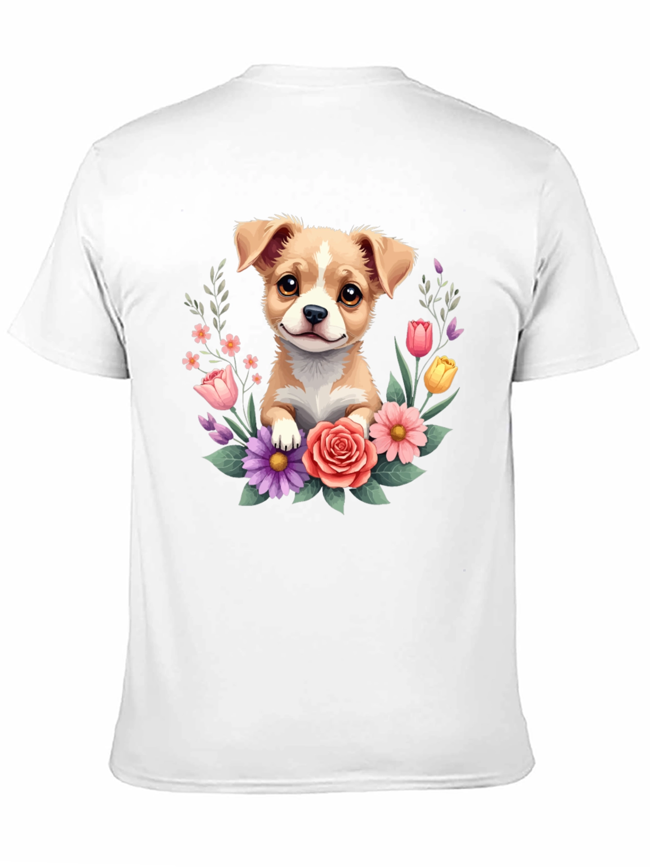 Cute Puppy & Floral Black T-Shirt