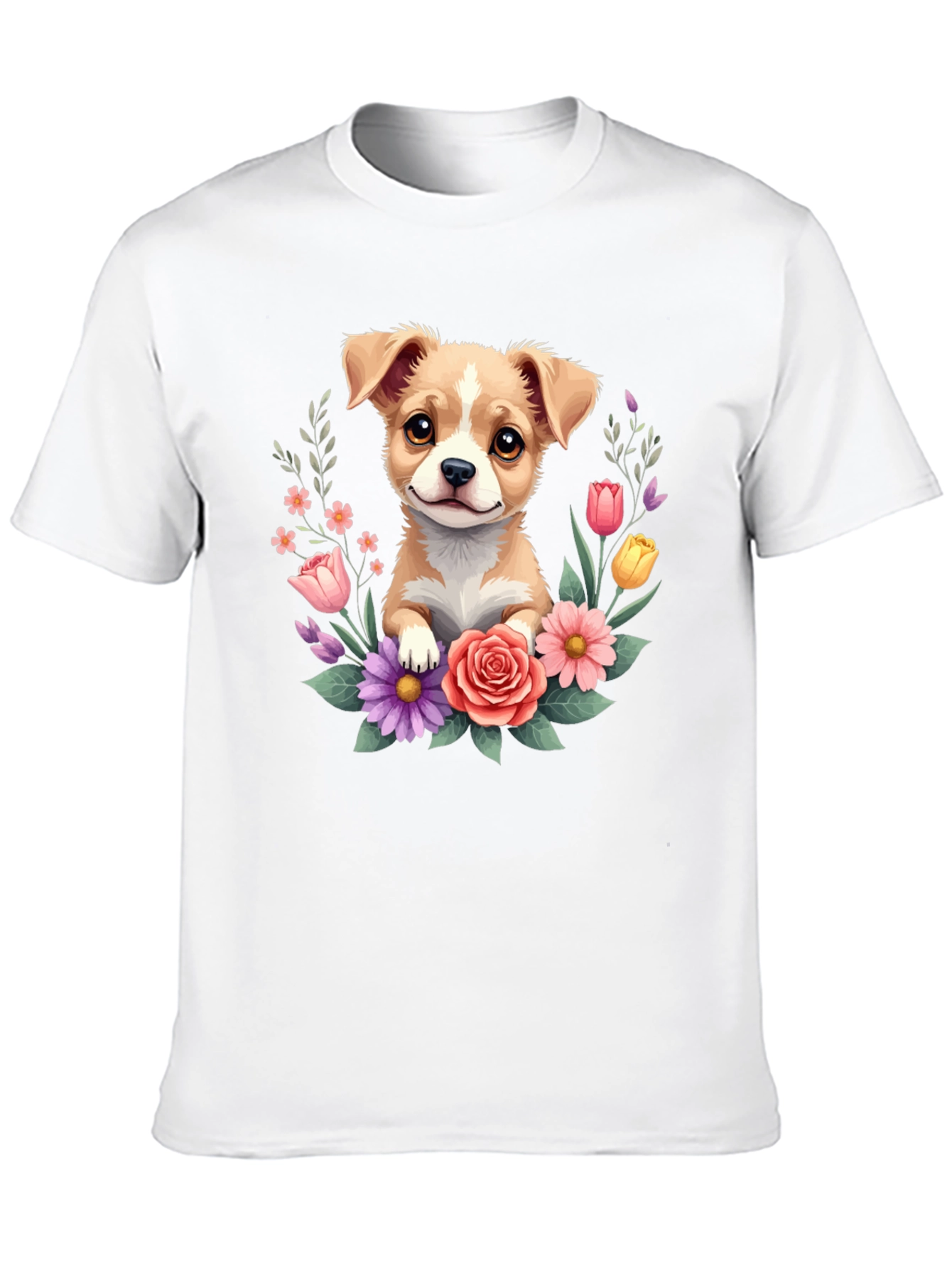 Cute Puppy & Floral Black T-Shirt