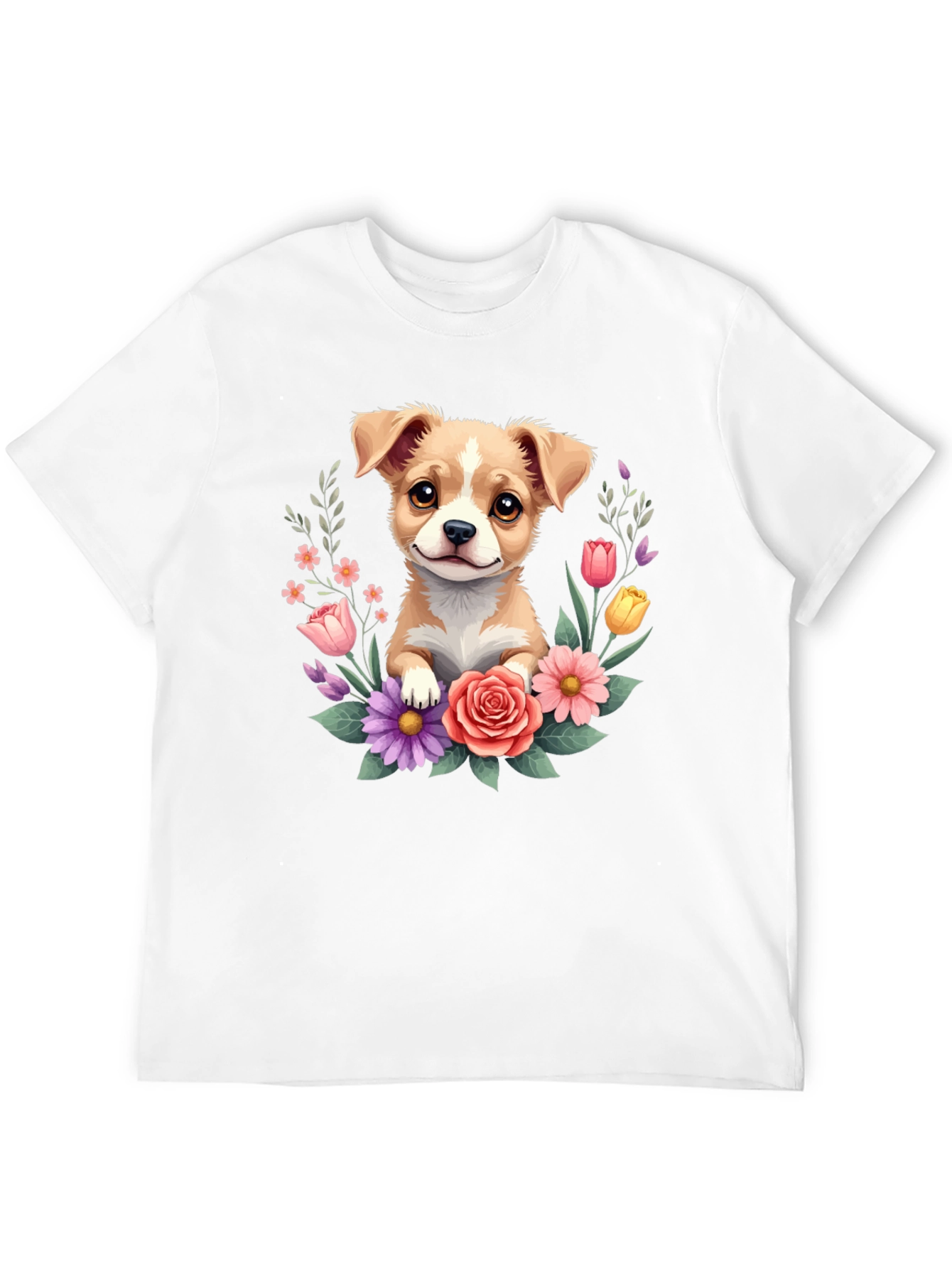 Cute Puppy & Floral Black T-Shirt