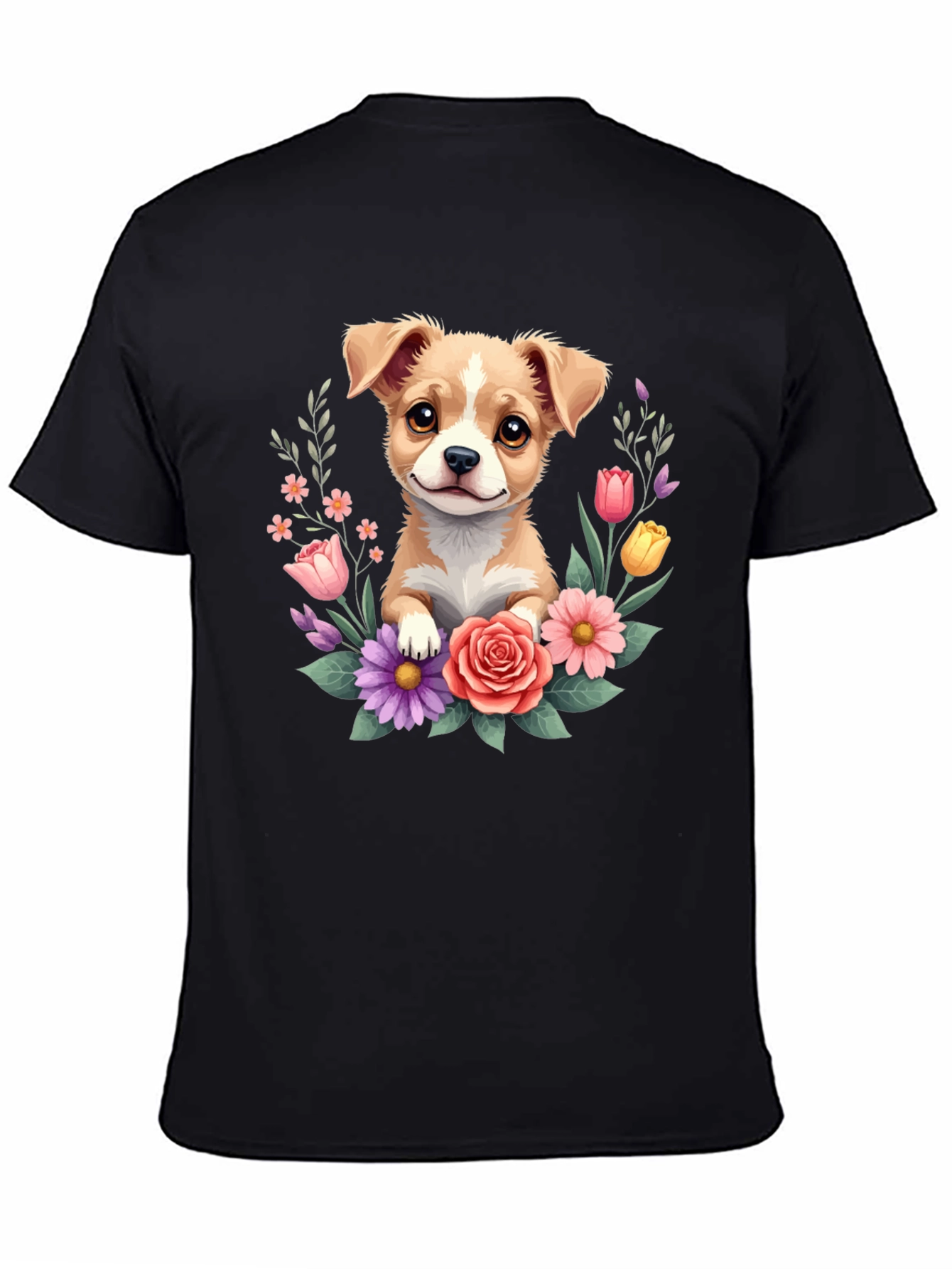 Cute Puppy & Floral Black T-Shirt