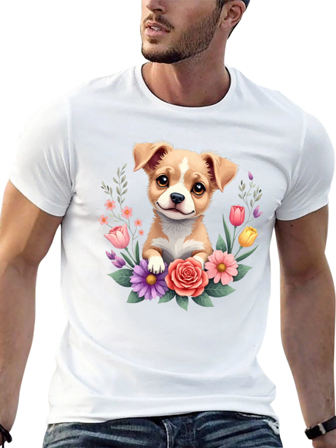 Cute Puppy & Floral Black T-Shirt