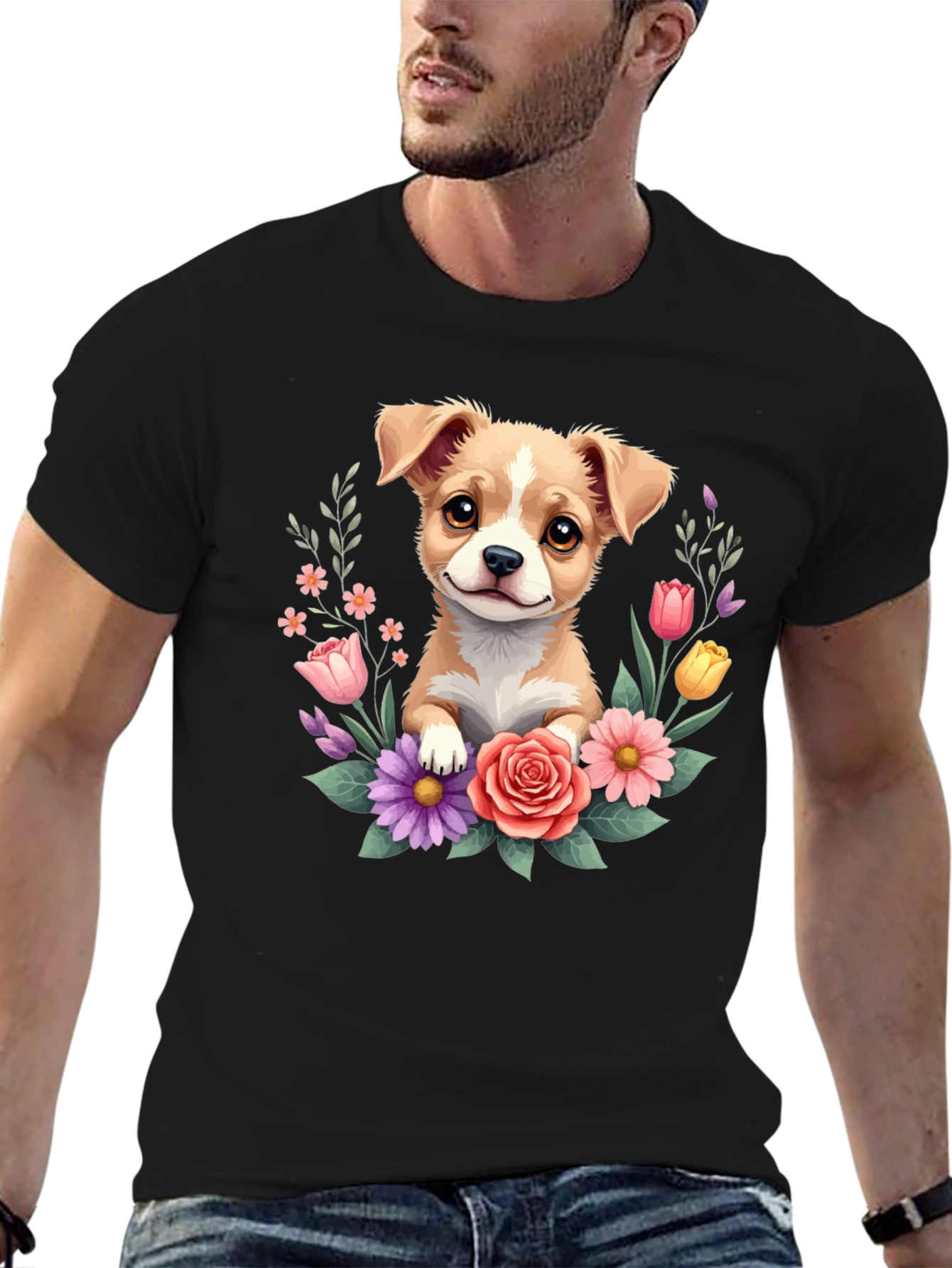 Cute Puppy & Floral Black T-Shirt