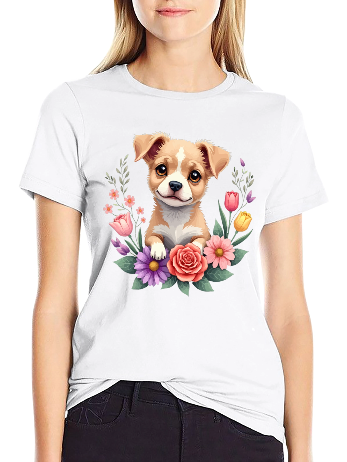 Cute Puppy & Floral Black T-Shirt