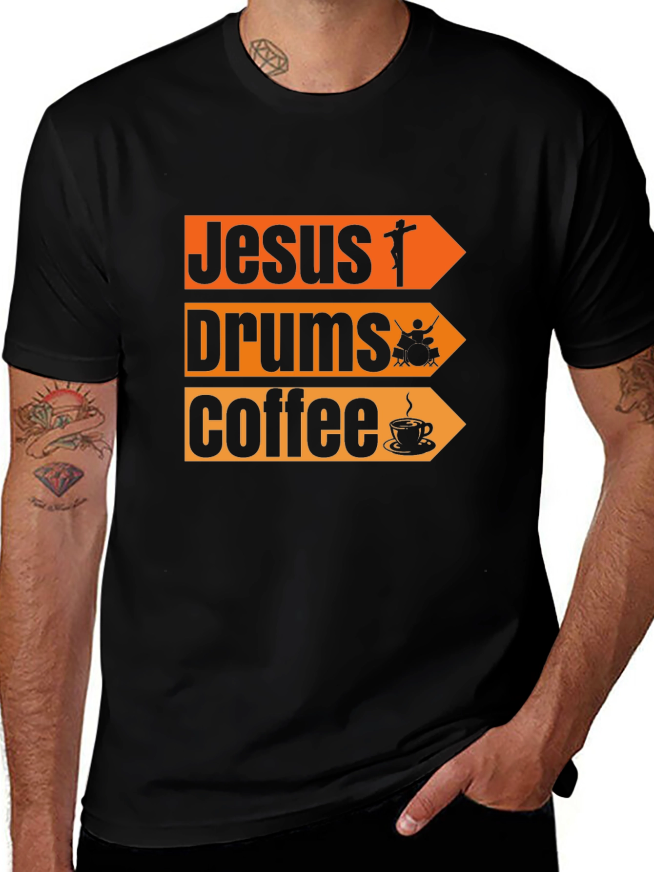 Jesus Drums Coffee Graphic T-Shirt - Black