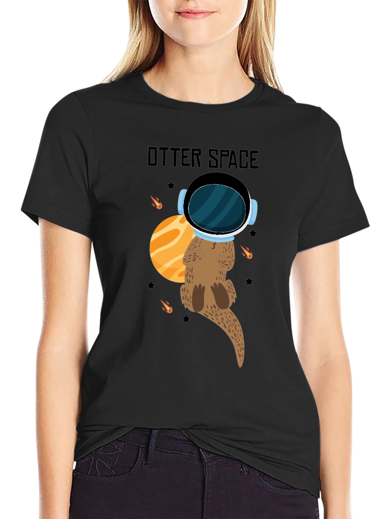 Otter Space Black T-Shirt - Cute Space Animal Tee