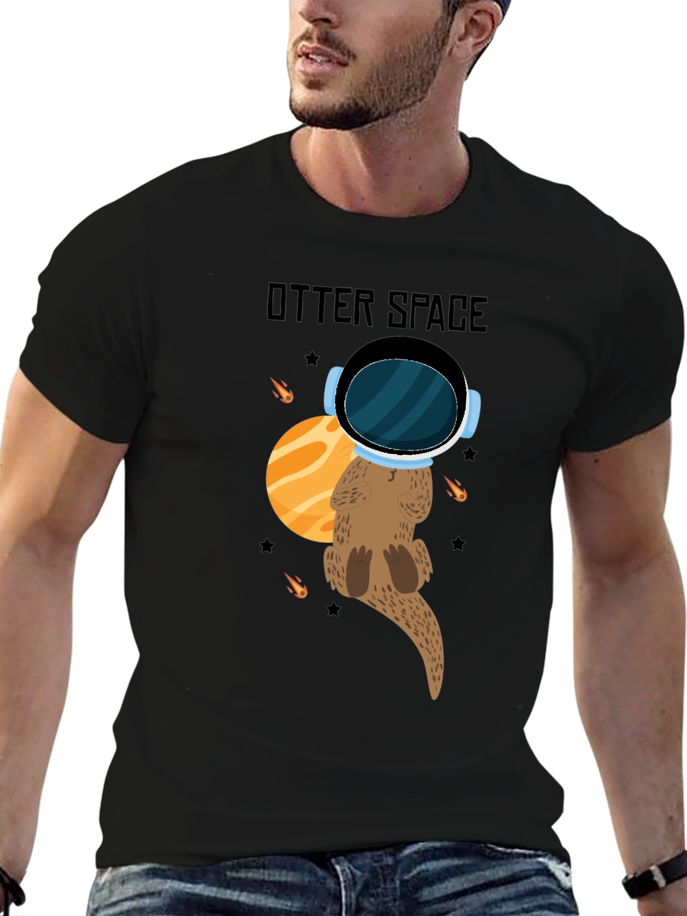 Otter Space Black T-Shirt - Cute Space Animal Tee