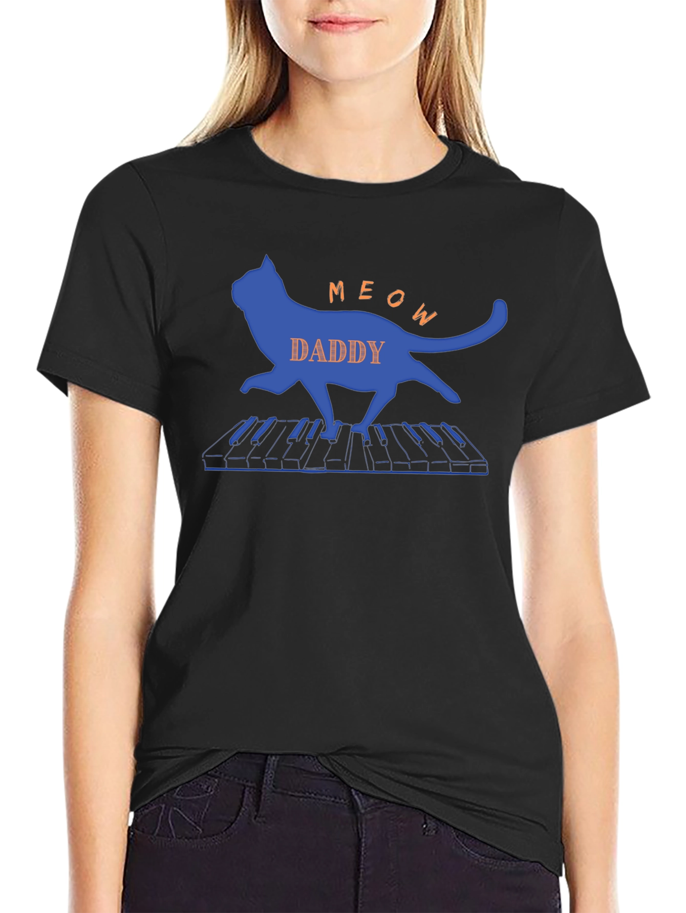 Meow Daddy Cat Playing Piano T-Shirt - Black