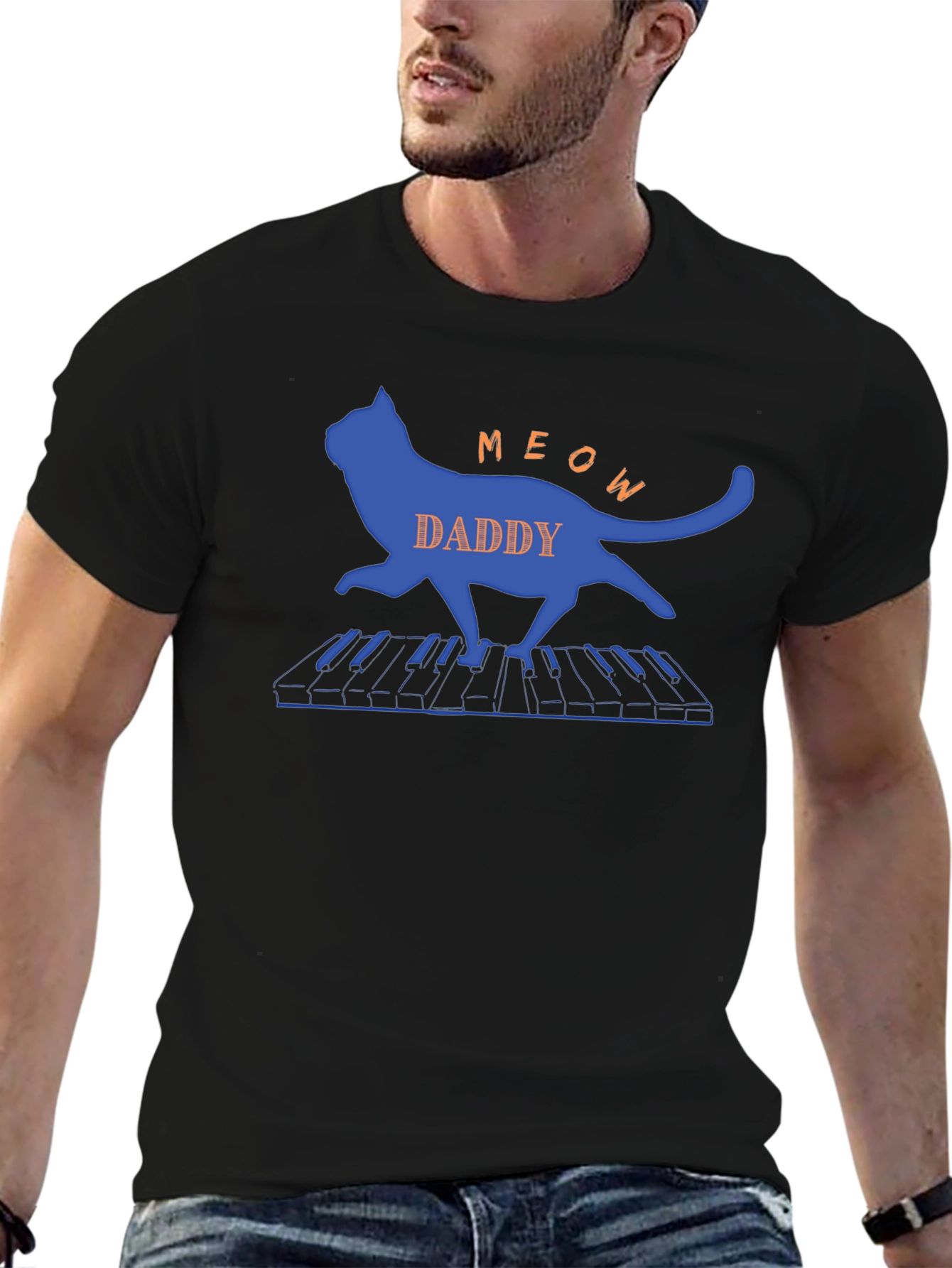 Meow Daddy Cat Playing Piano T-Shirt - Black