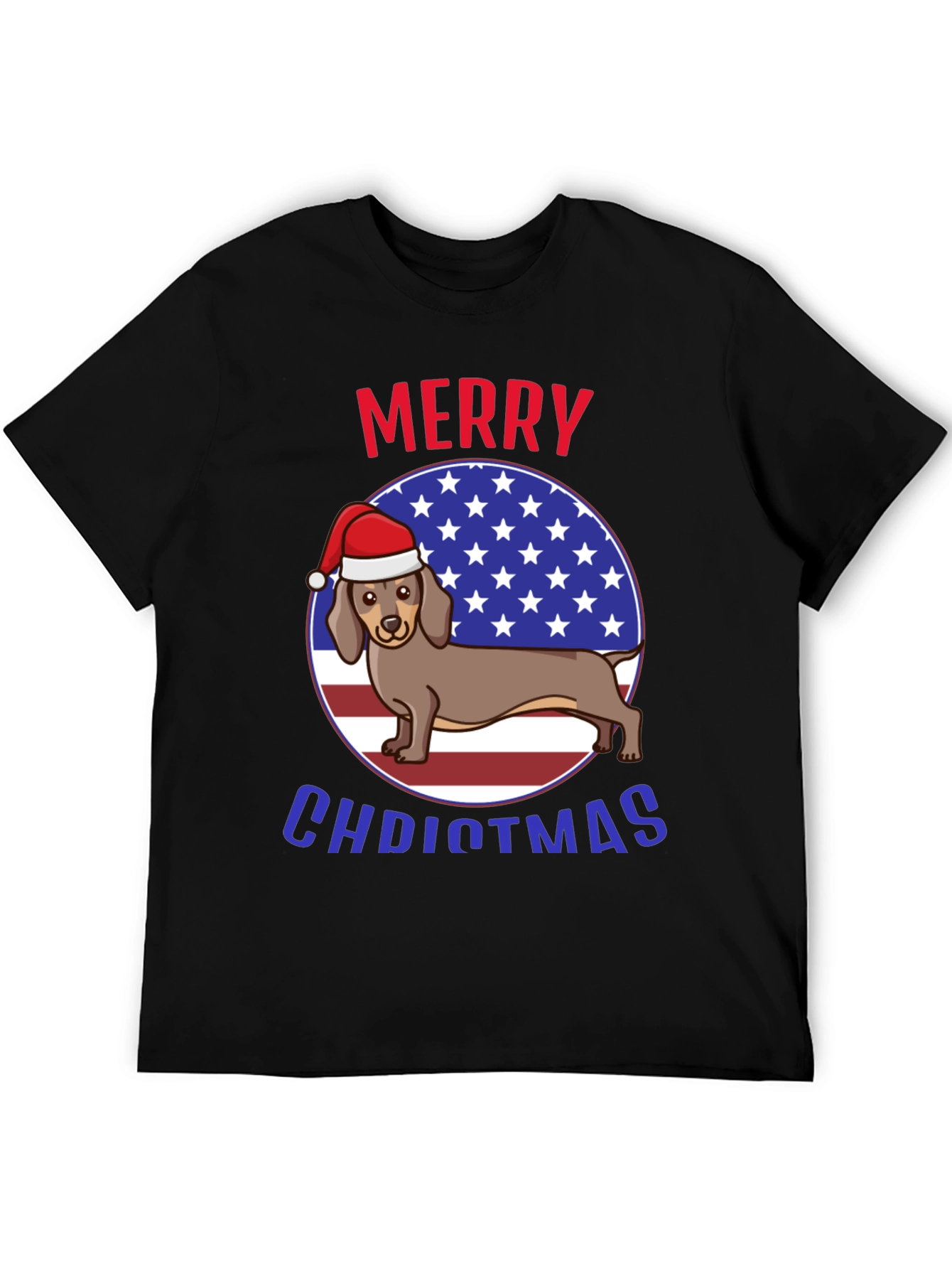 Merry Christmas Dachshund USA Flag Graphic T-Shirt