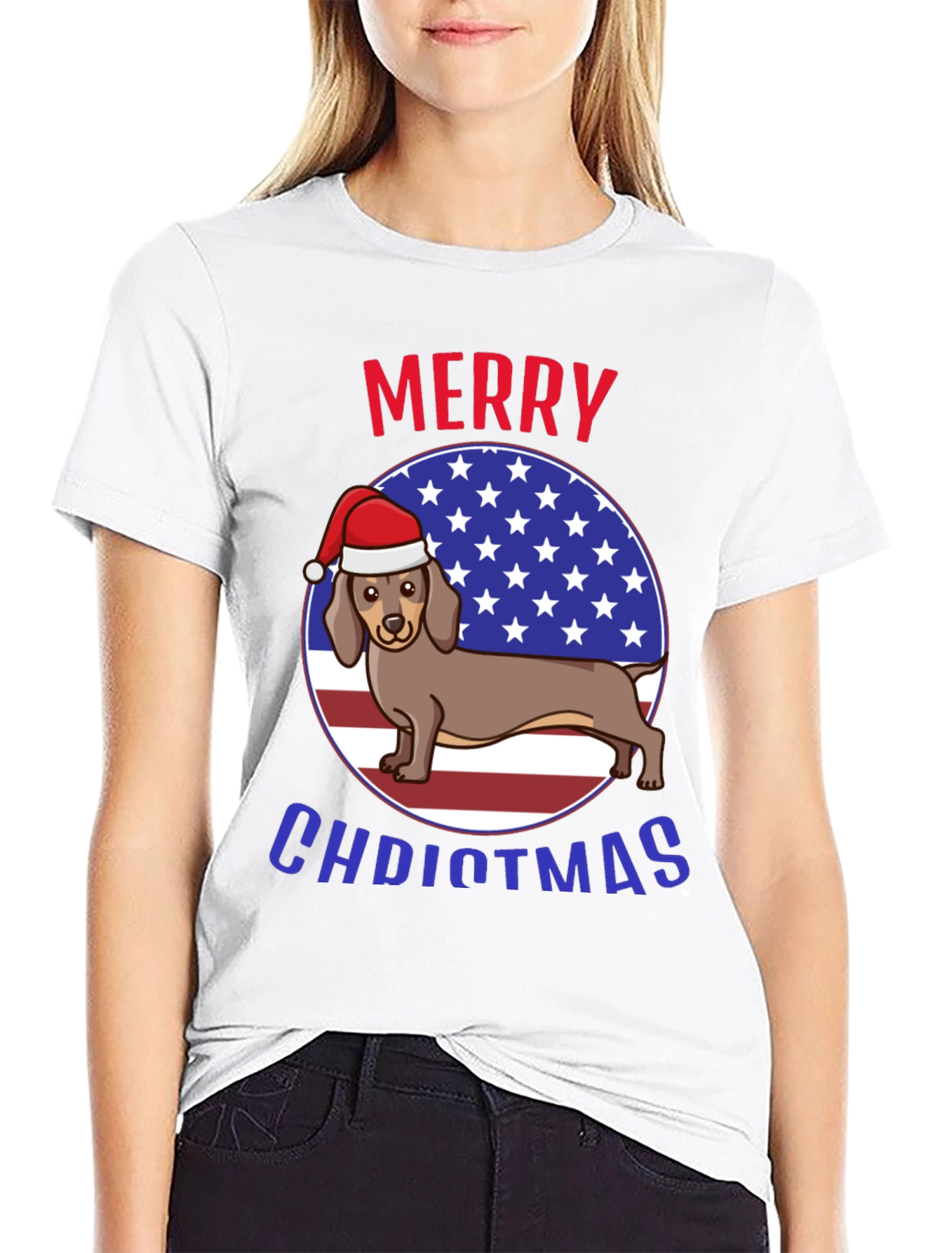 Merry Christmas Dachshund USA Flag Graphic T-Shirt
