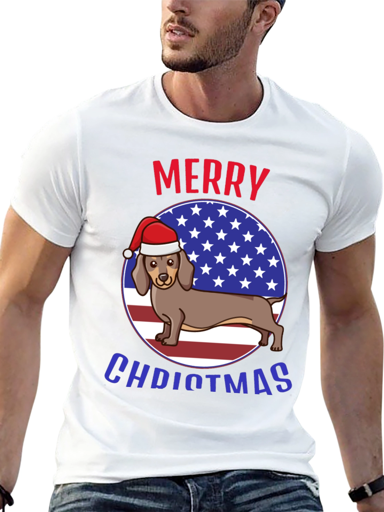 Merry Christmas Dachshund USA Flag Graphic T-Shirt