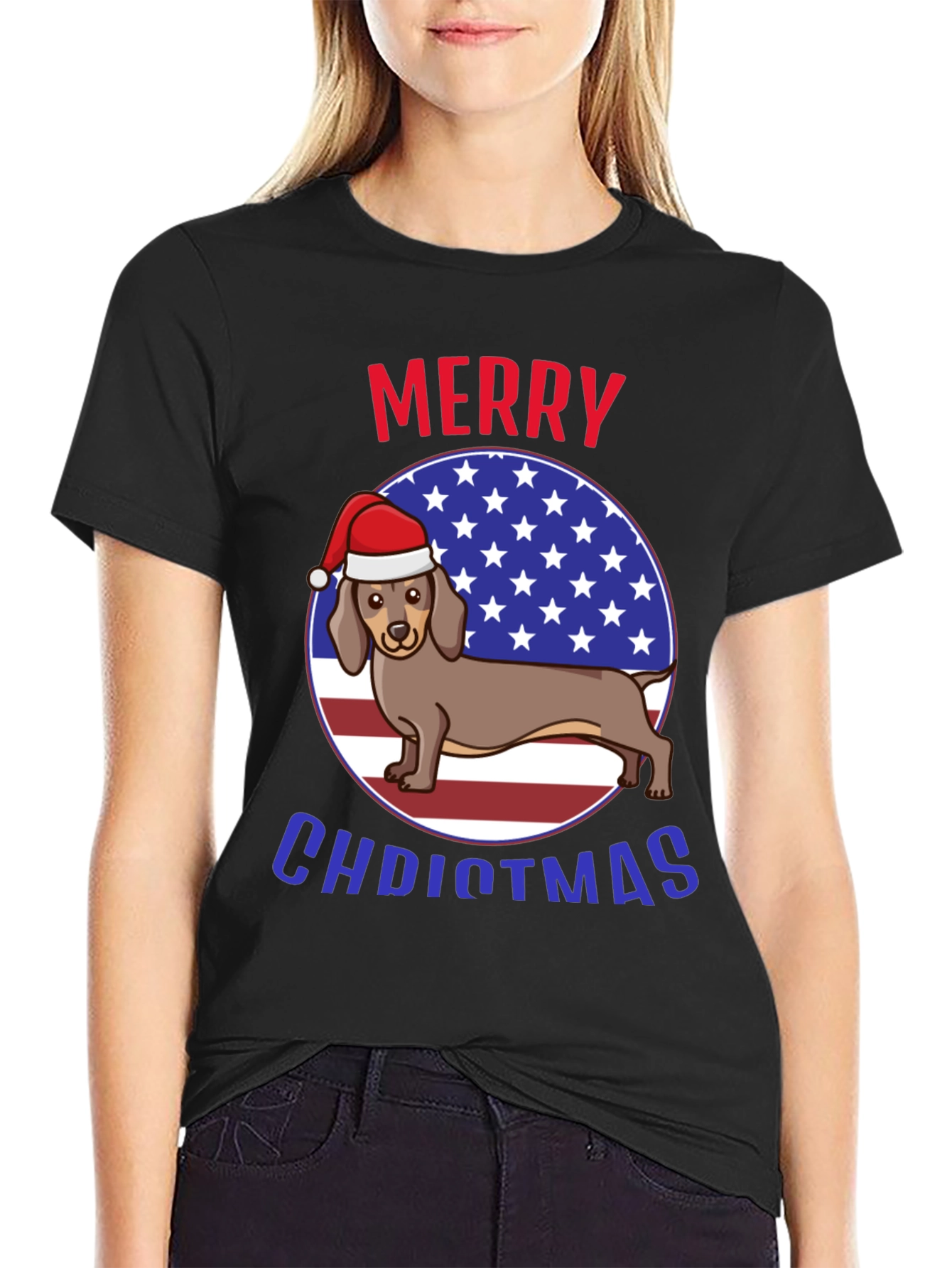 Merry Christmas Dachshund USA Flag Graphic T-Shirt