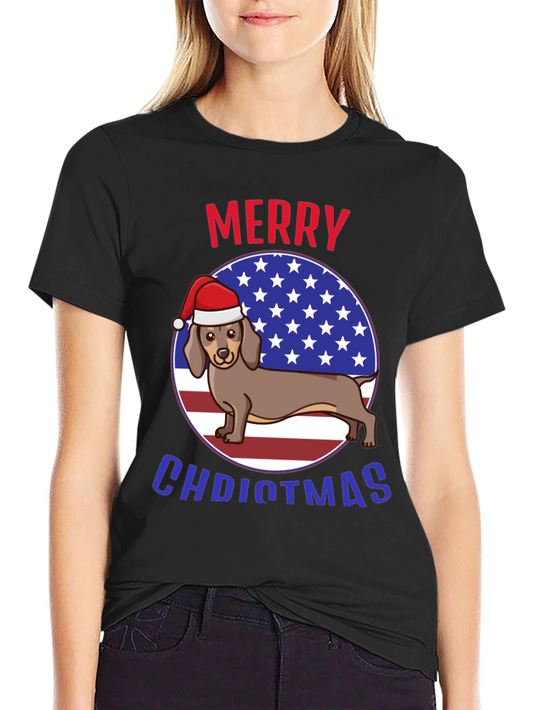 Merry Christmas Dachshund USA Flag Graphic T-Shirt