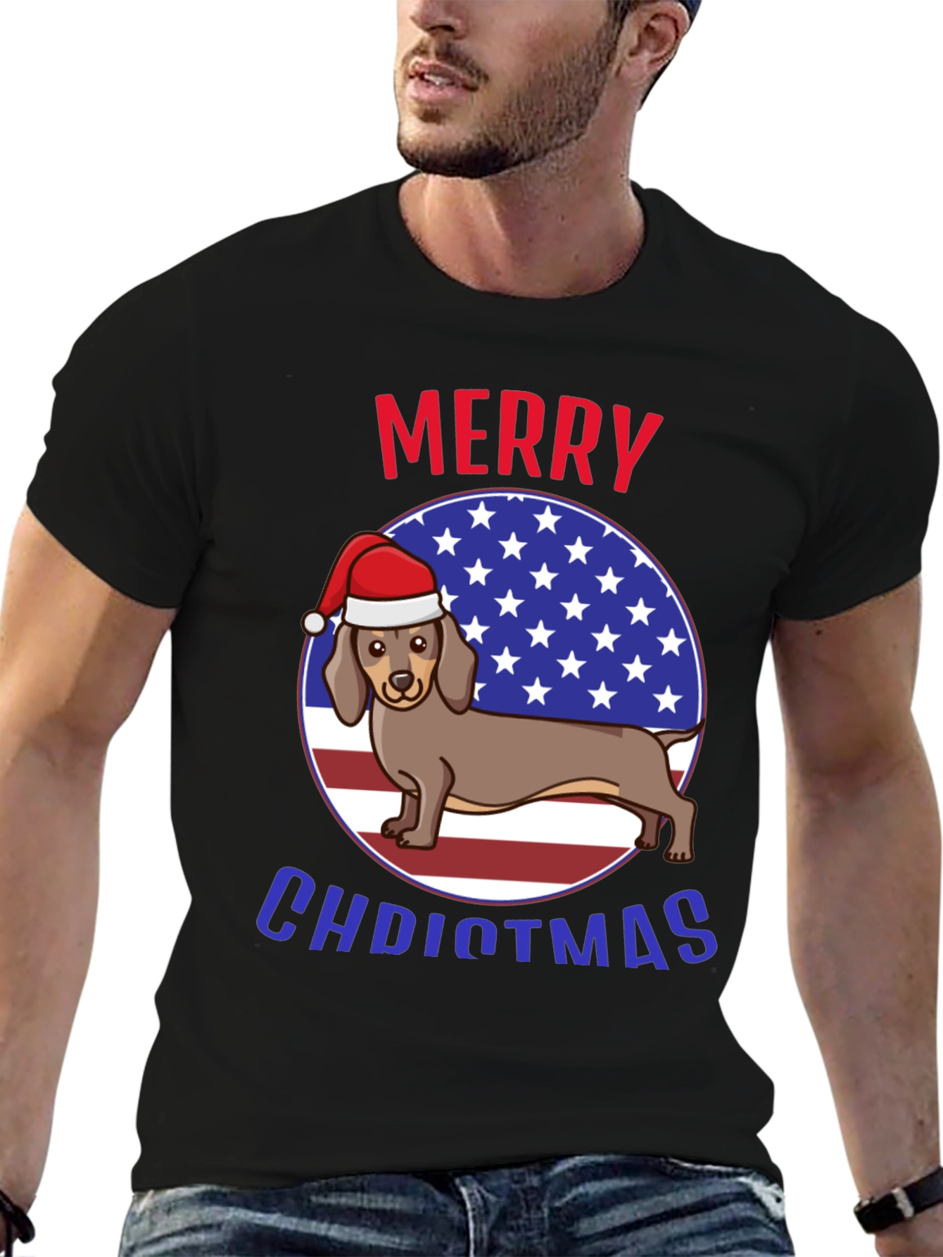 Merry Christmas Dachshund USA Flag Graphic T-Shirt