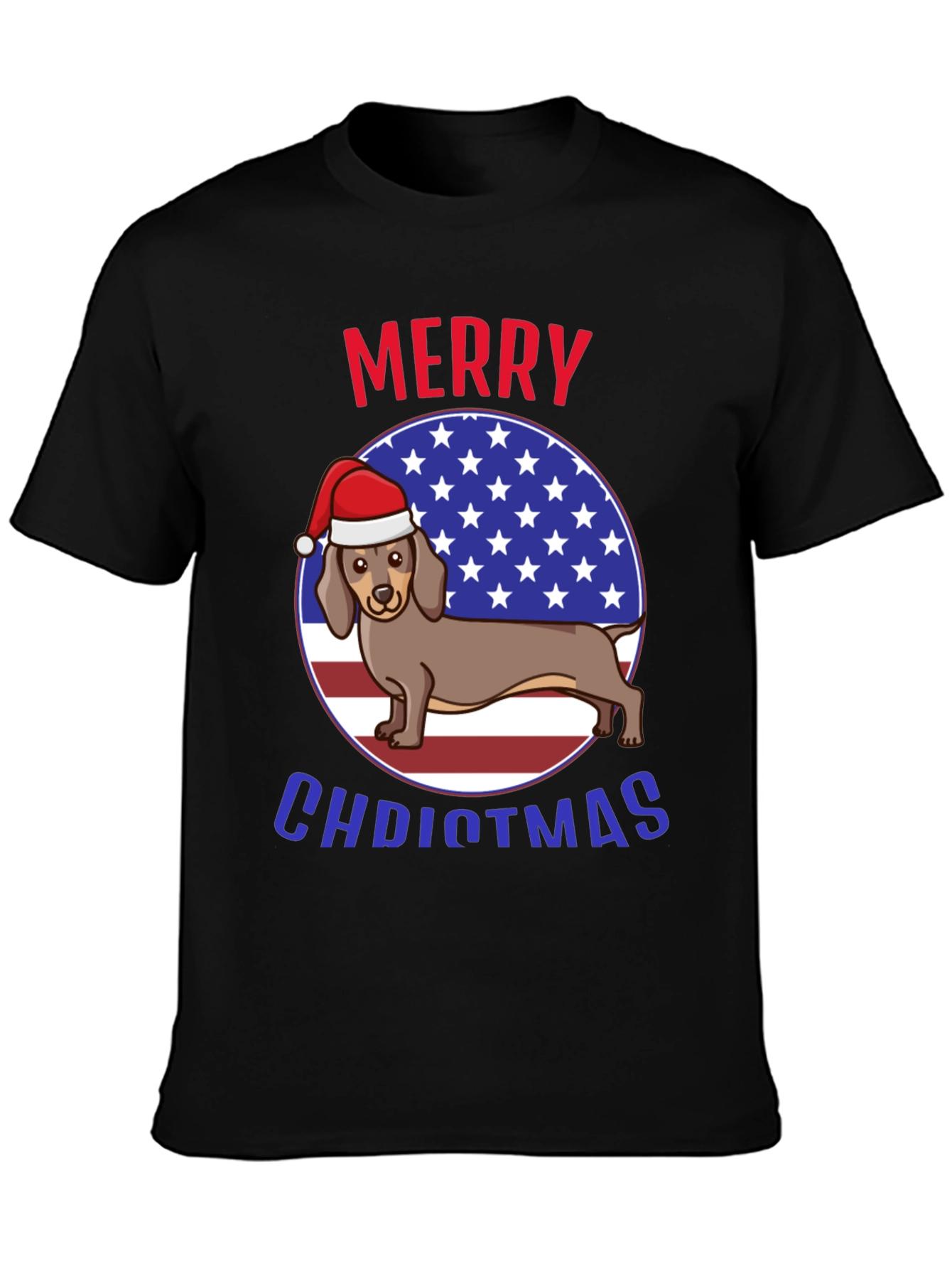 Merry Christmas Dachshund USA Flag Graphic T-Shirt