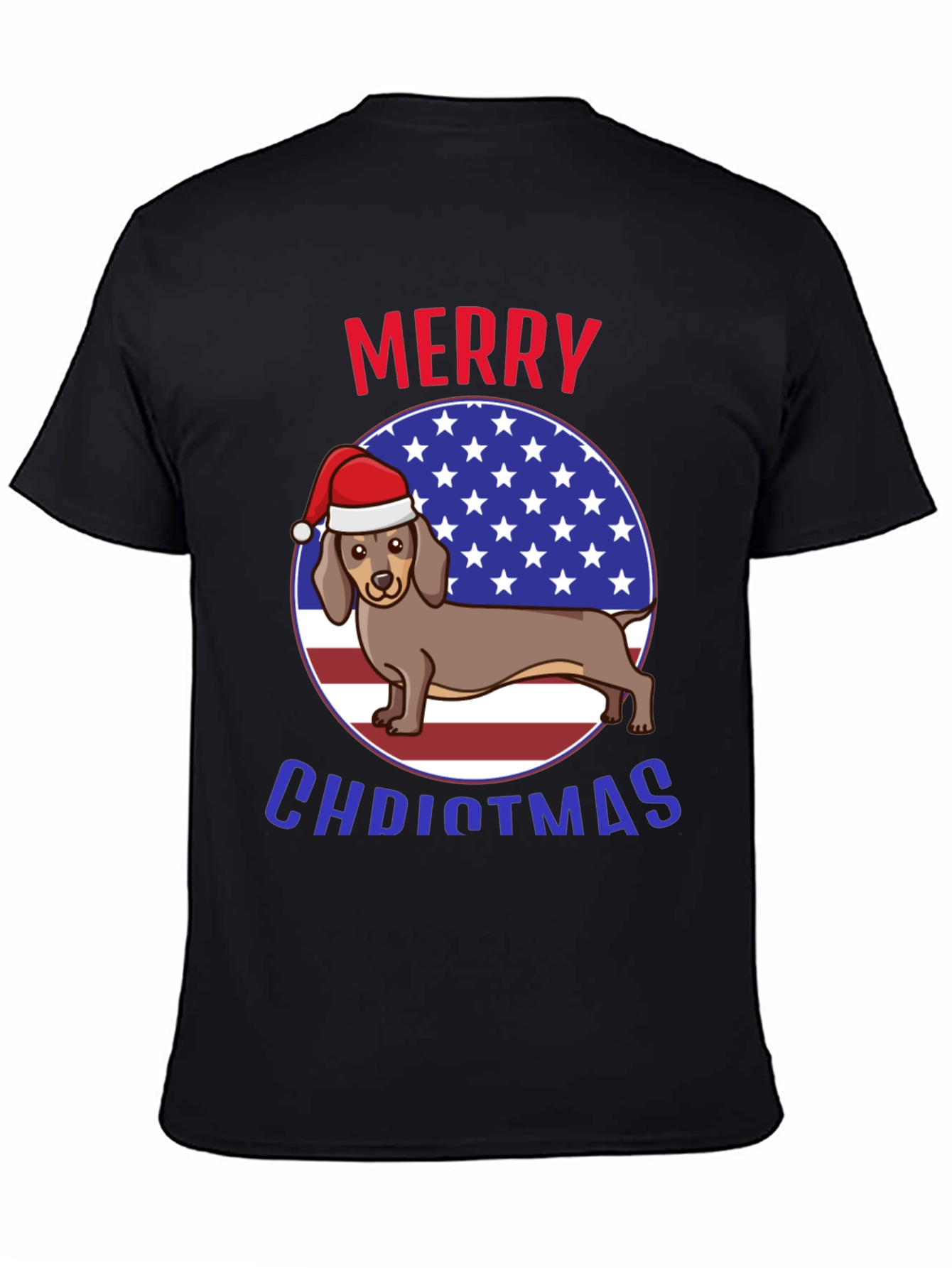 Merry Christmas Dachshund USA Flag Graphic T-Shirt