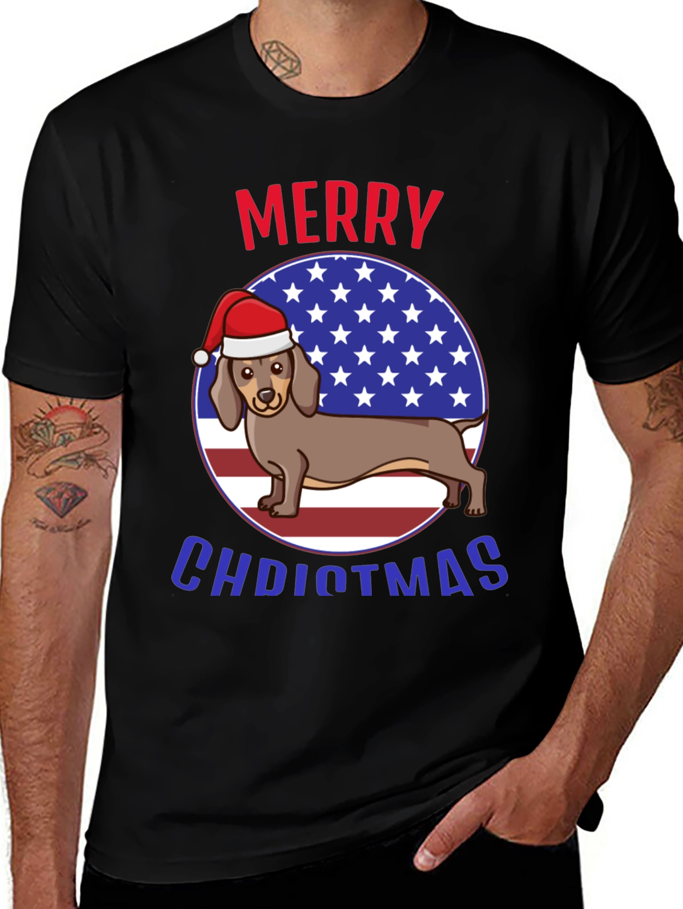 Merry Christmas Dachshund USA Flag Graphic T-Shirt