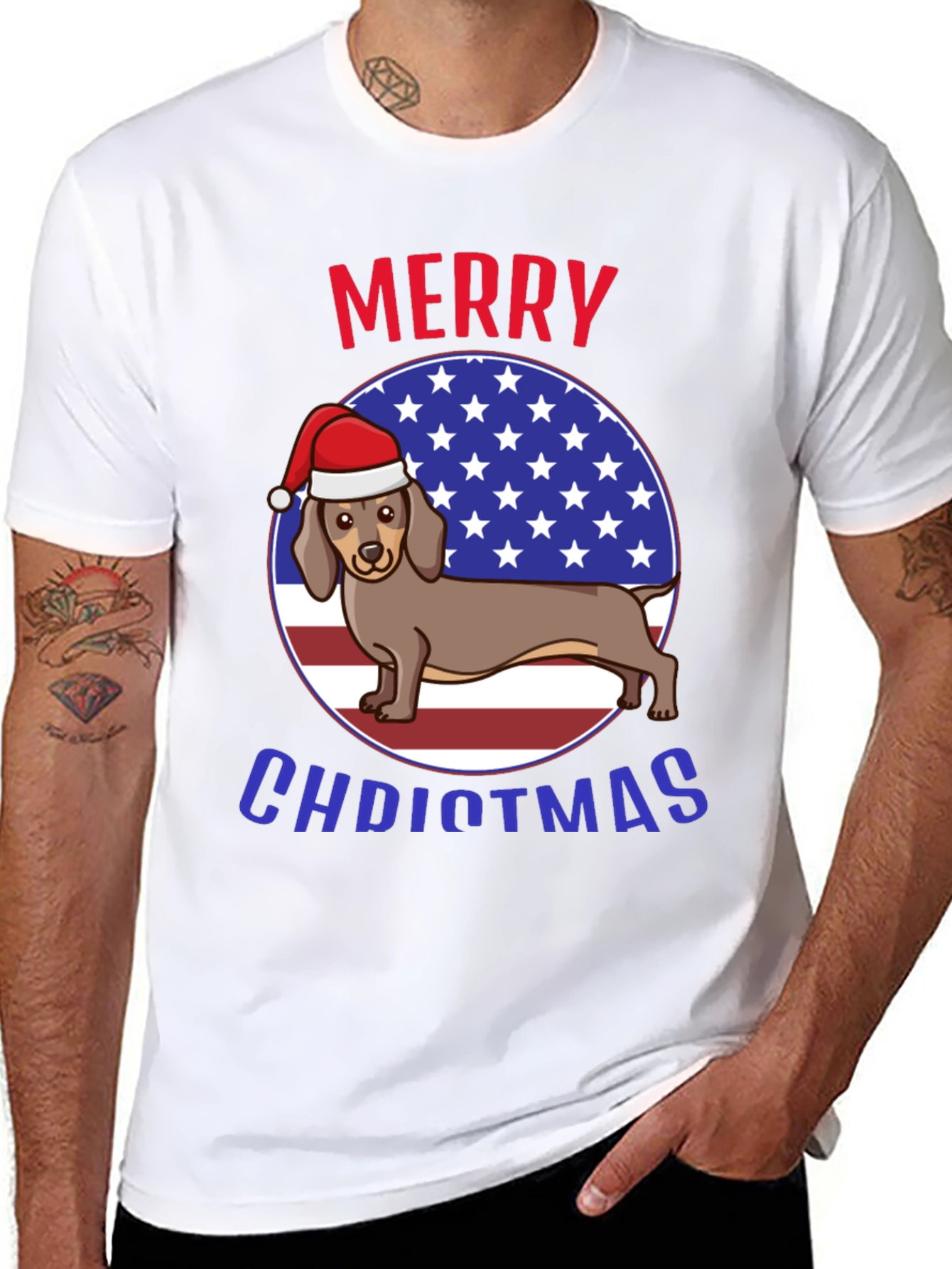 Merry Christmas Dachshund USA Flag Graphic T-Shirt
