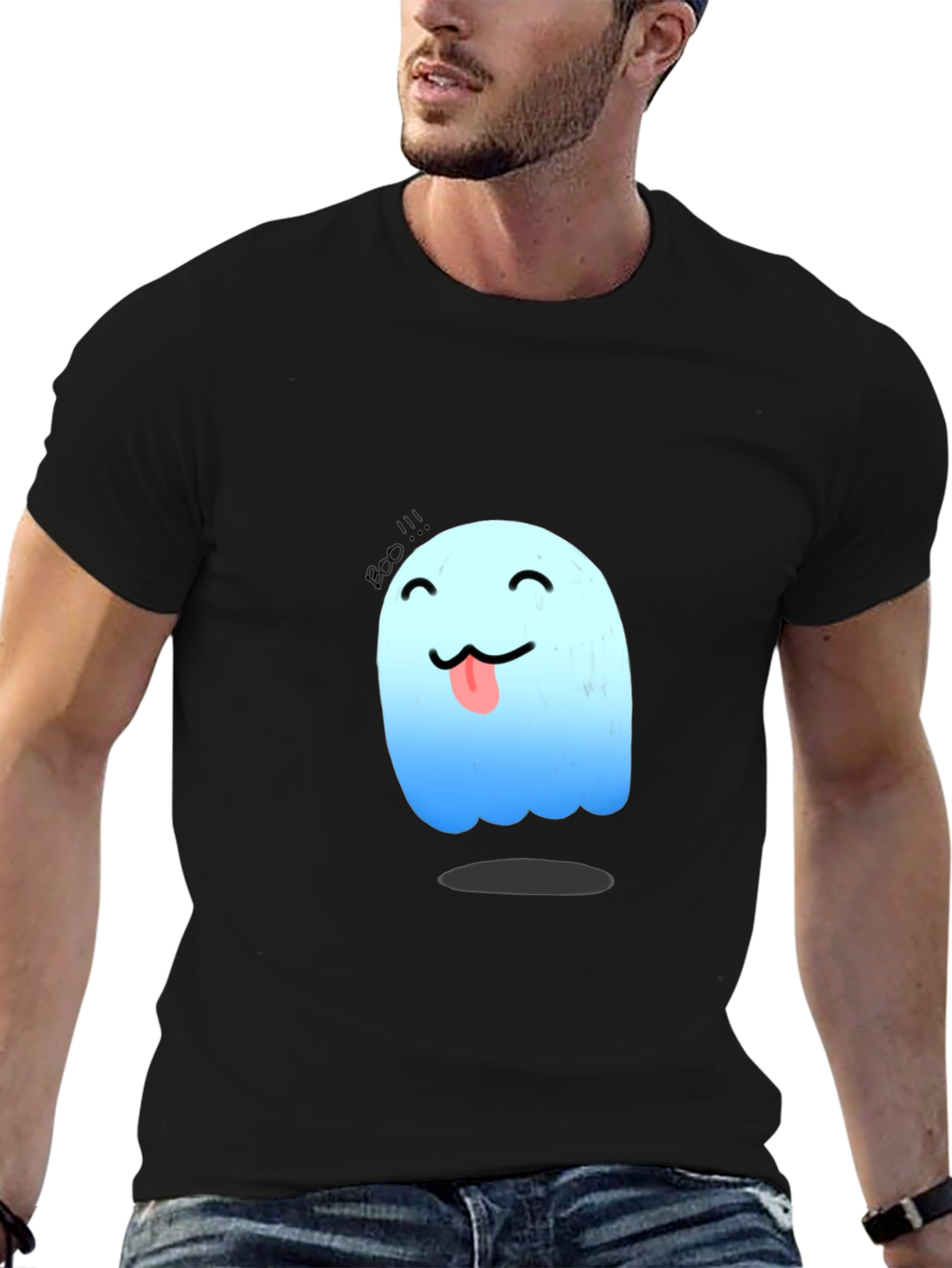 Cute Ghost Graphic Tee - Black Cotton T-Shirt
