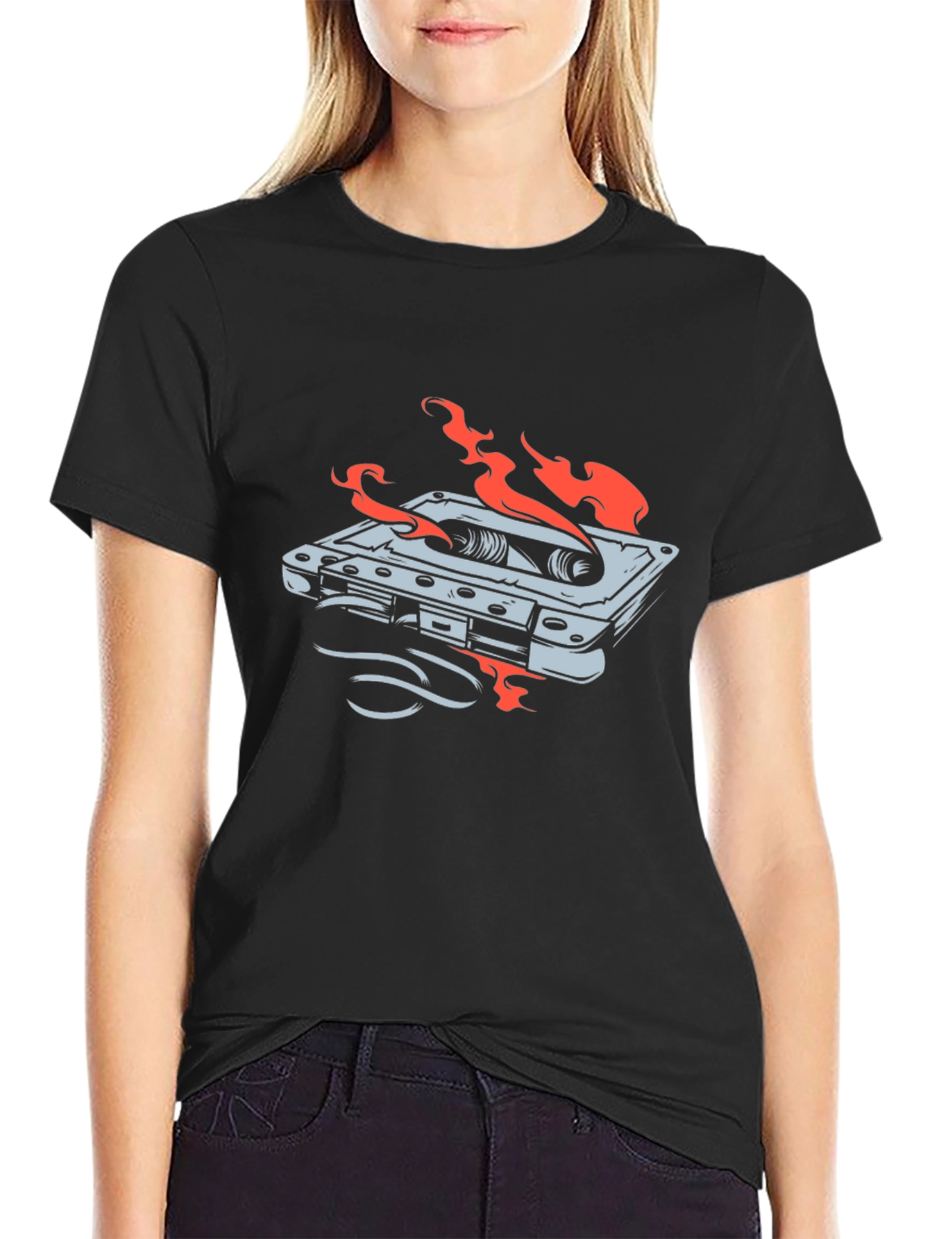 Retro Cassette Tape On Fire Graphic T-Shirt
