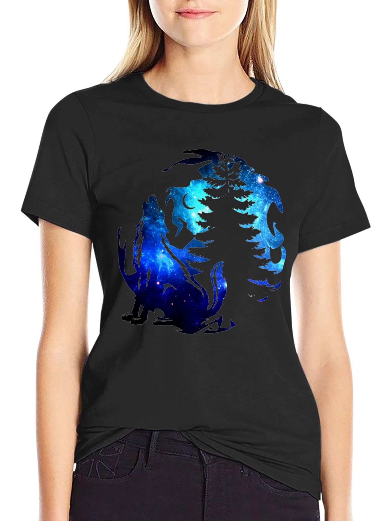 Wolf & Tree Galaxy Graphic Black T-Shirt