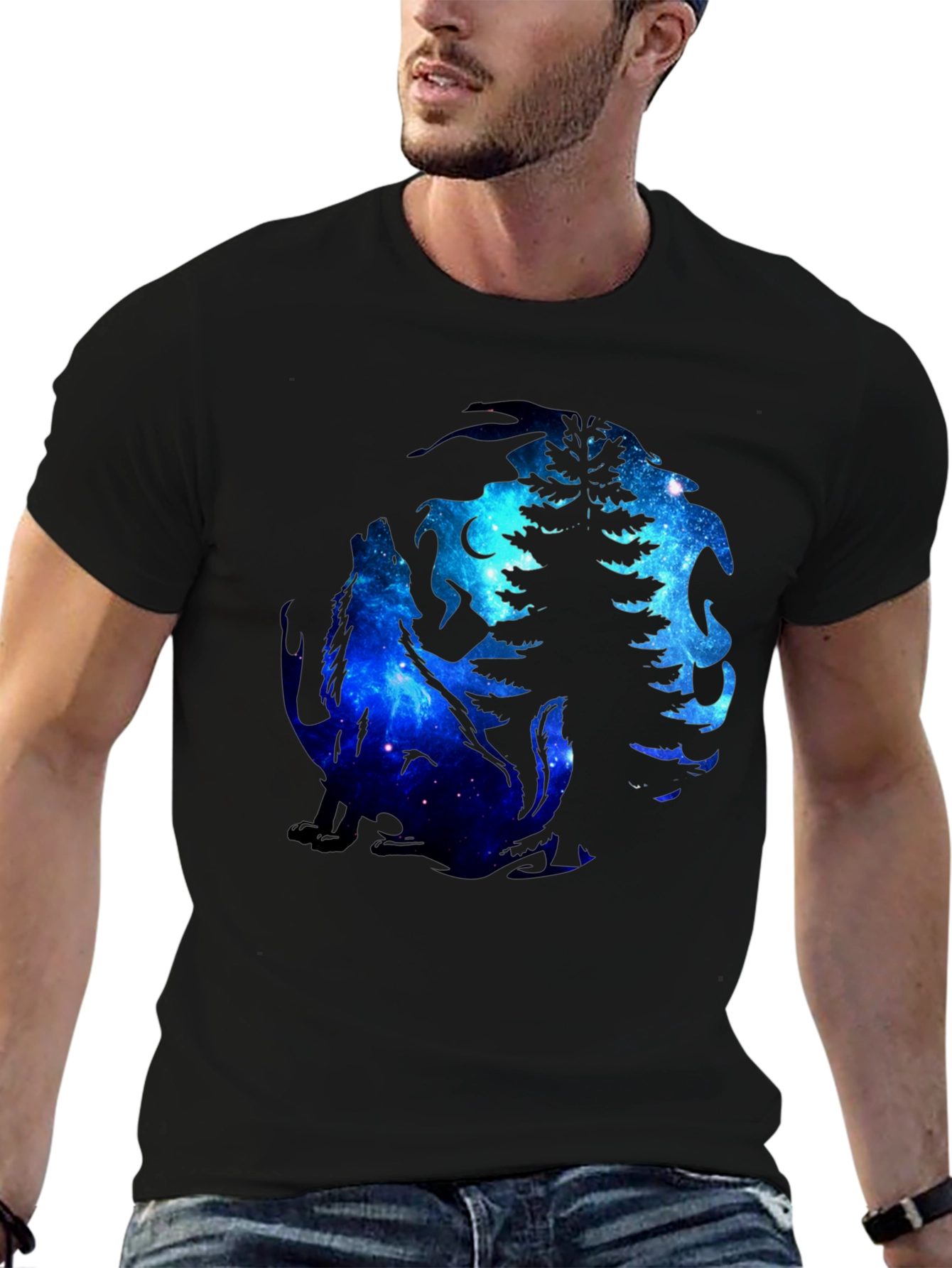 Wolf & Tree Galaxy Graphic Black T-Shirt